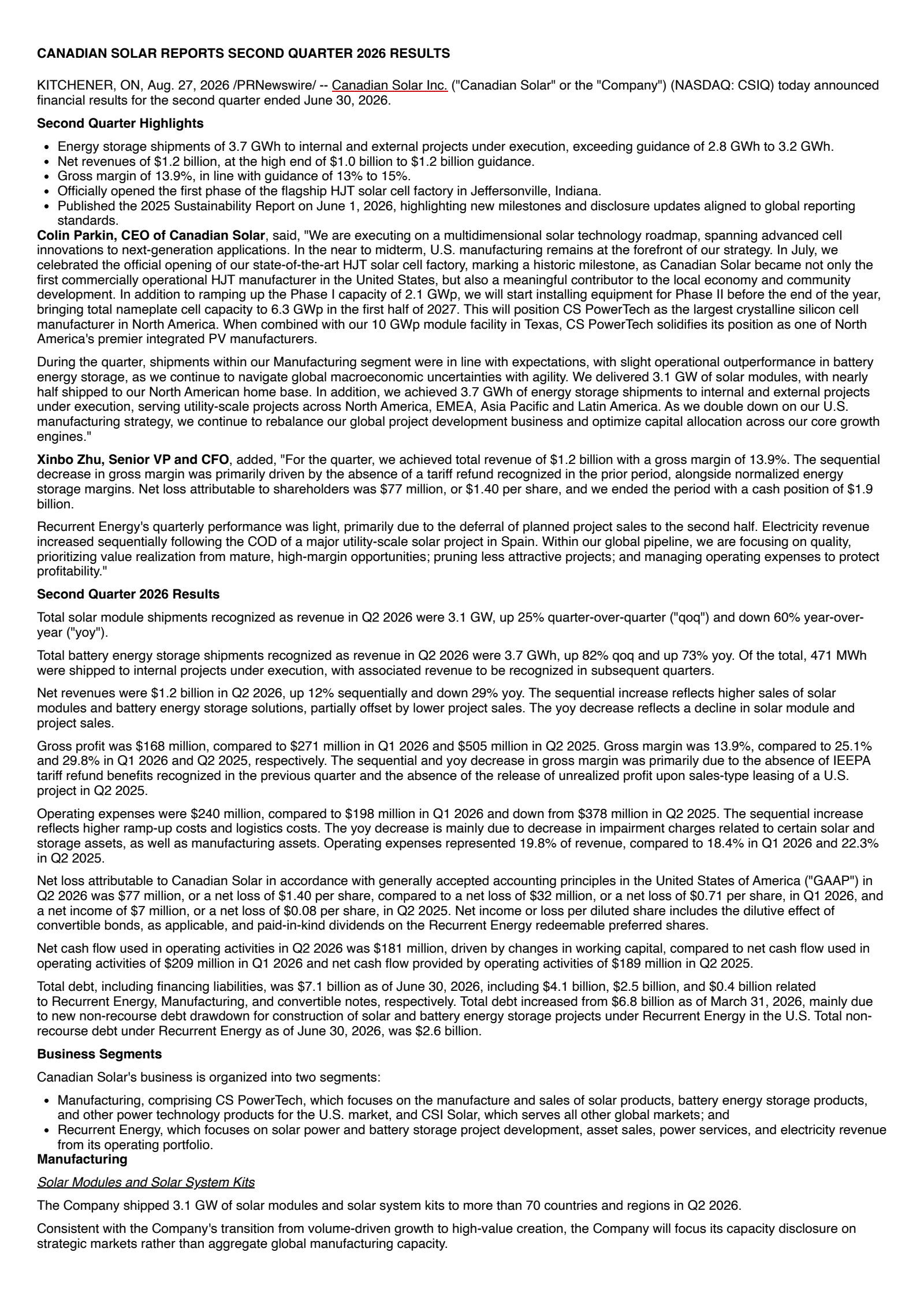 Canadian Solar's Q2 2026 Press Release