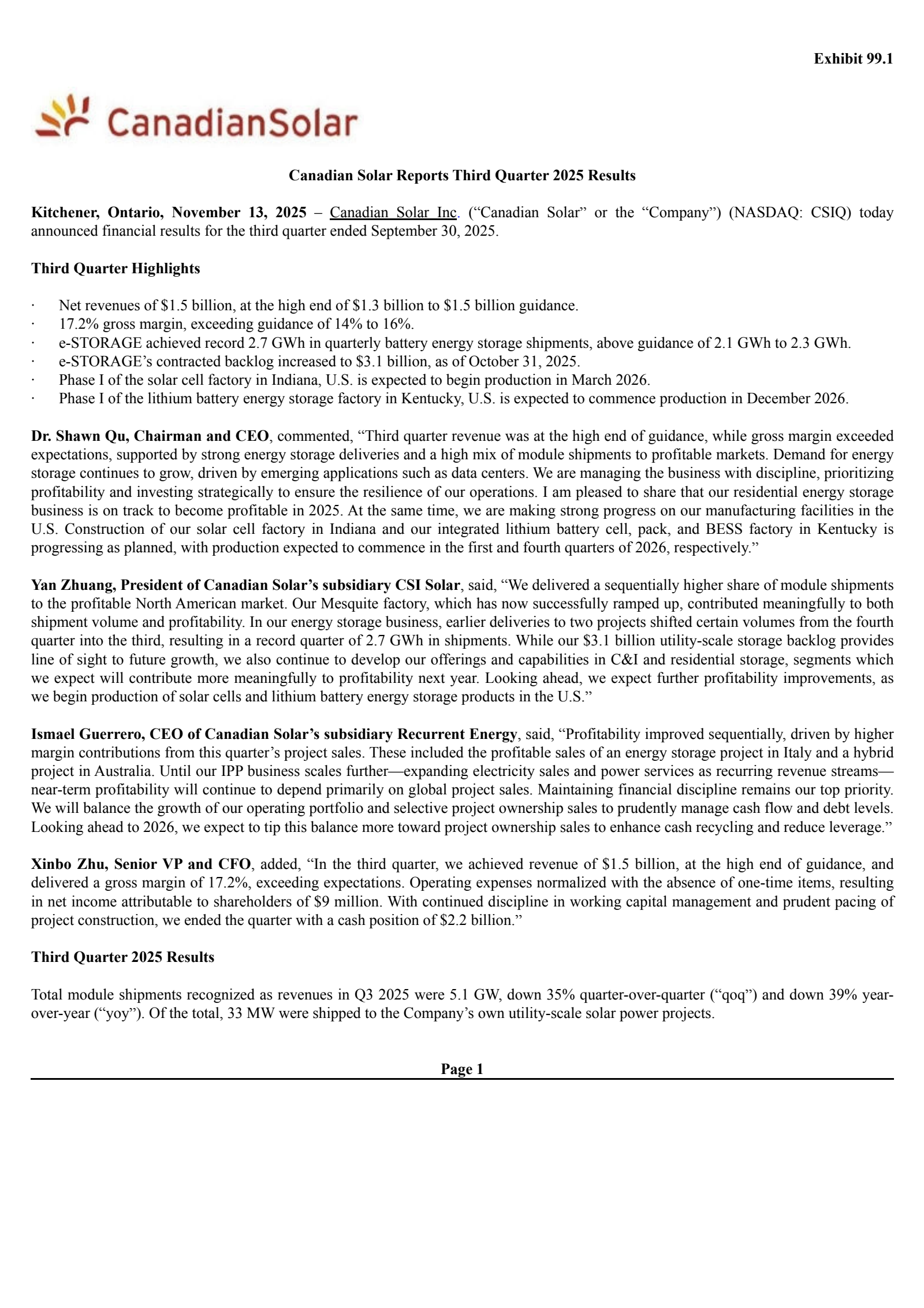 Canadian Solar's Q3 2025 Earnings Release