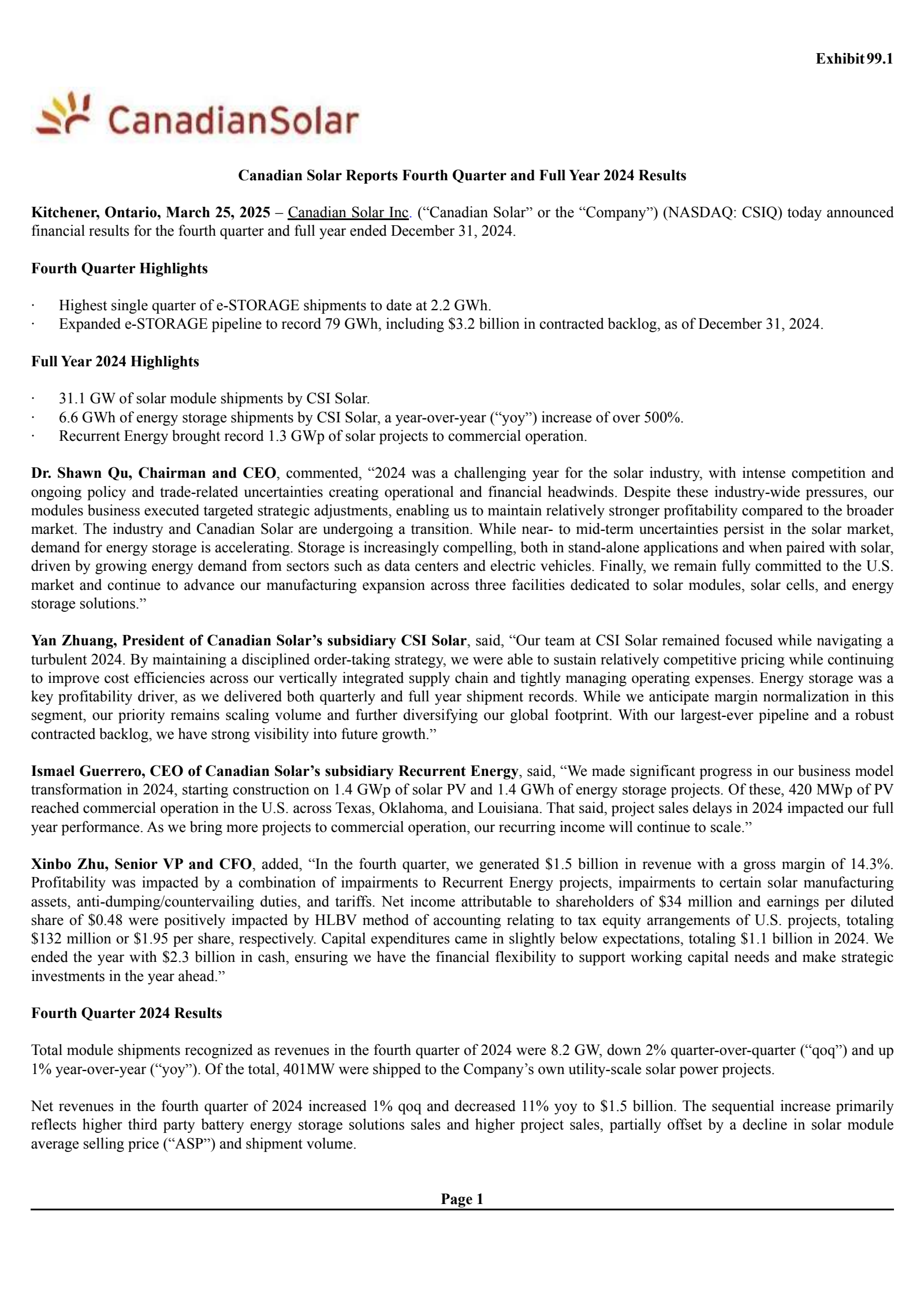 Canadian Solar's Q4 2024 Earnings Release