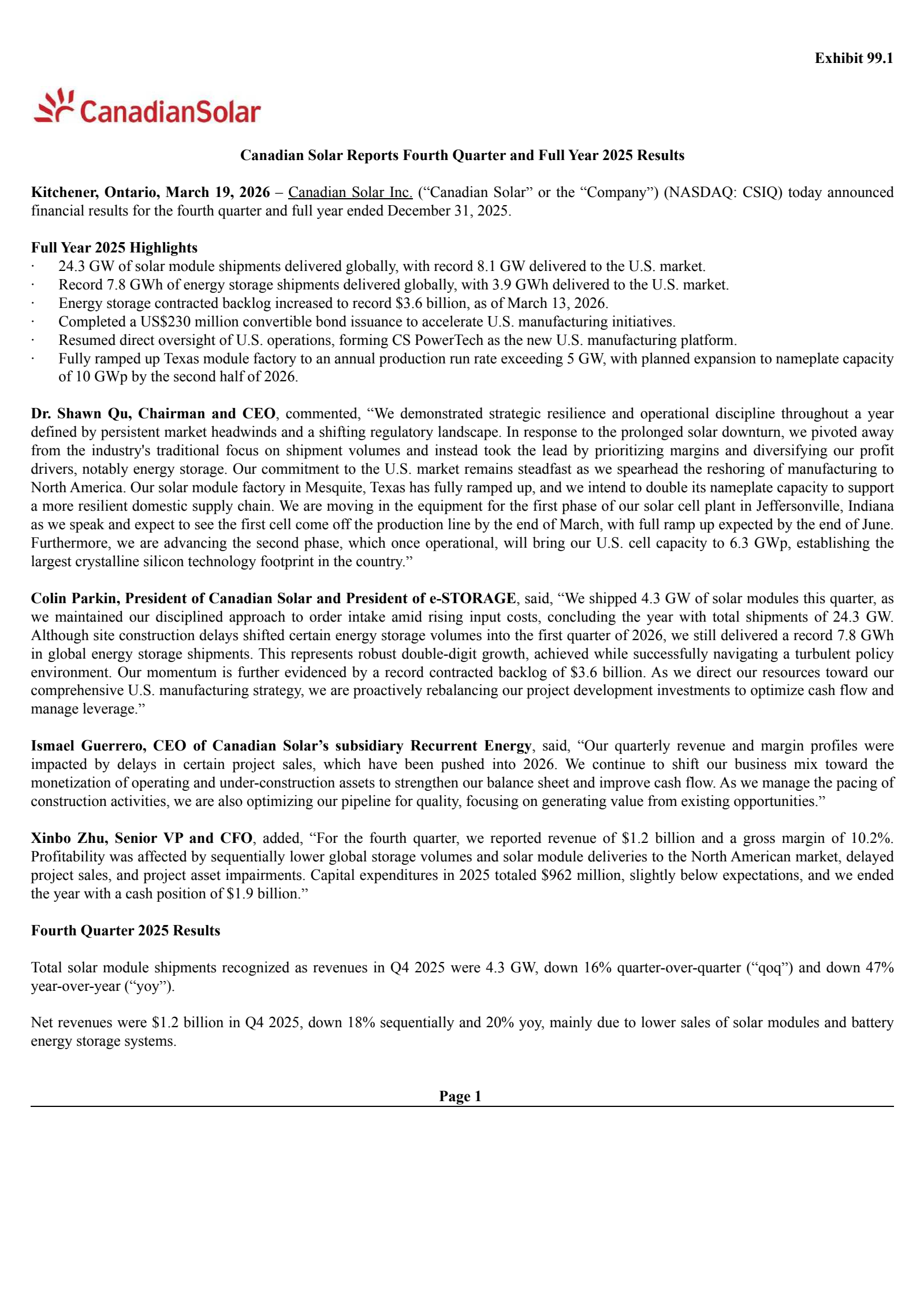 Canadian Solar's Q4 2025 Press Release