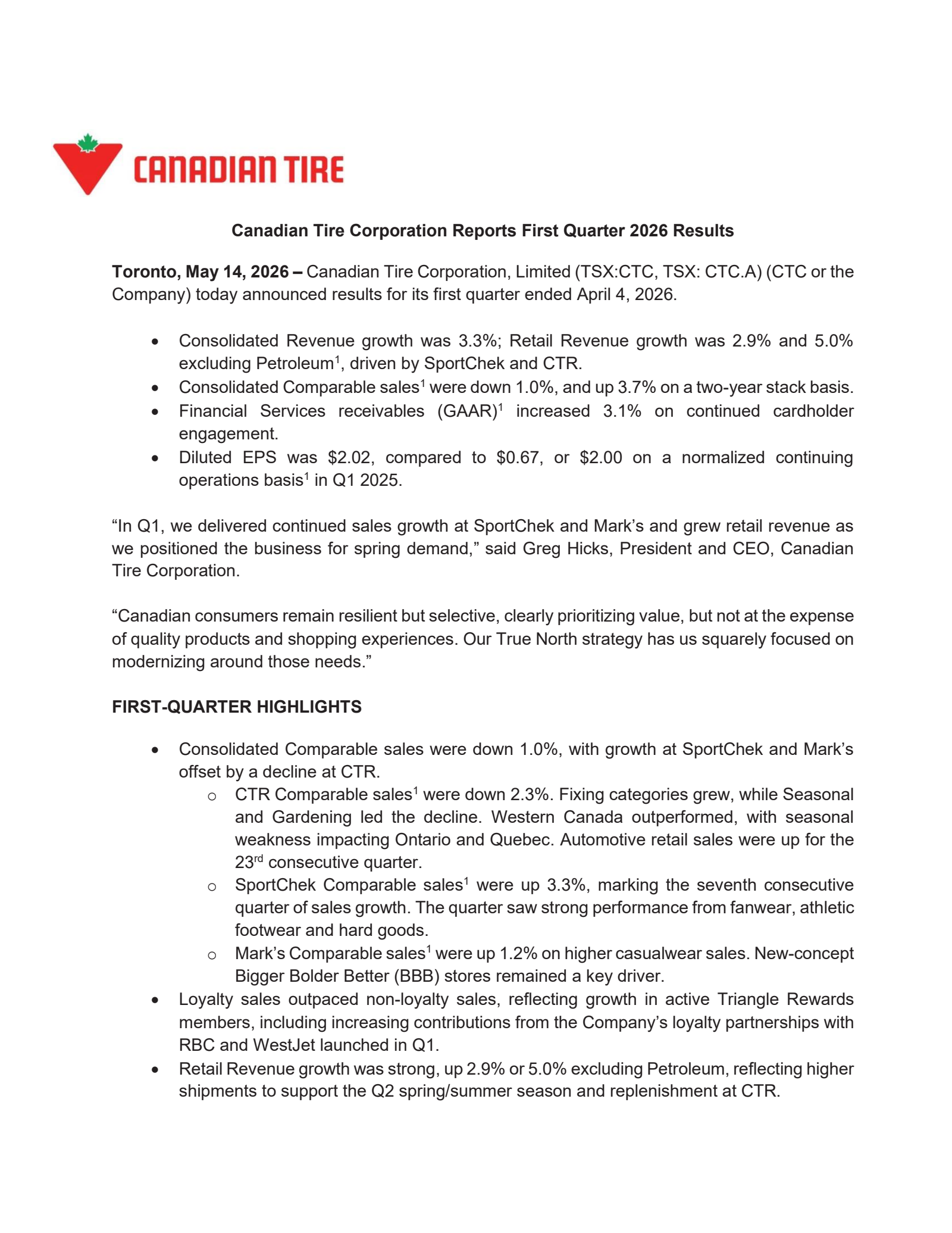 Canadian Tire's Q1 2026 Press Release
