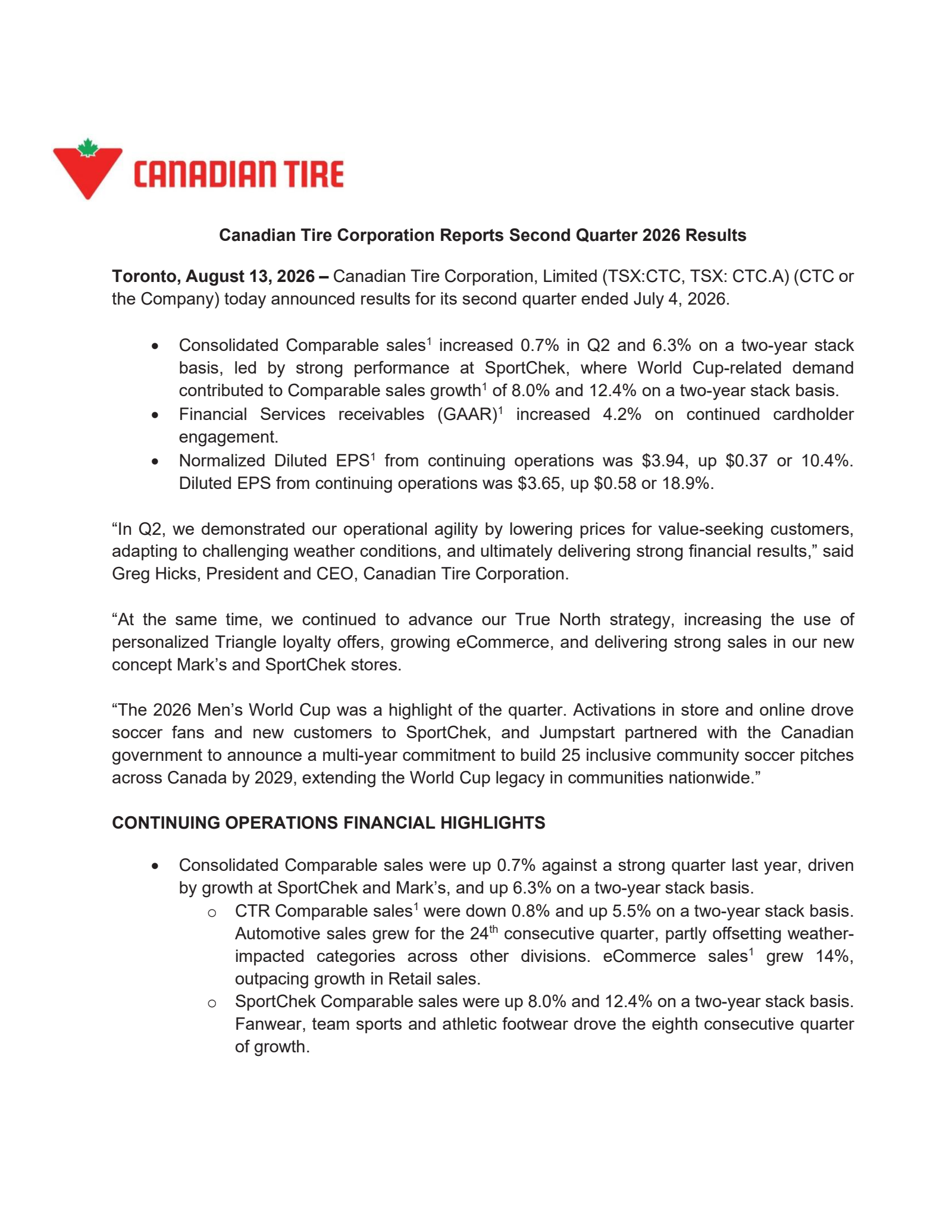 Canadian Tire's Q2 2026 Press Release