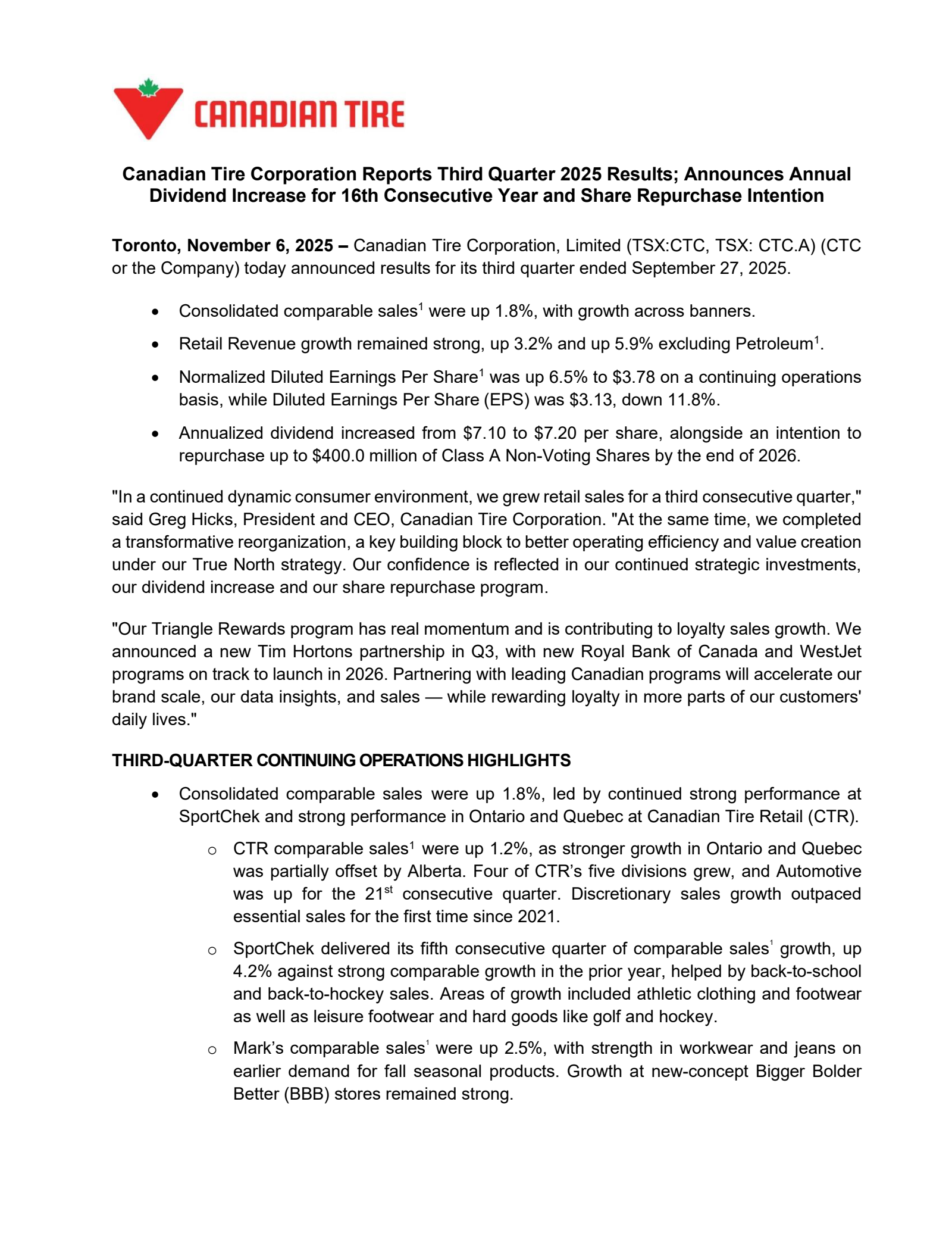 Canadian Tire's Q3 2025 Earnings Release