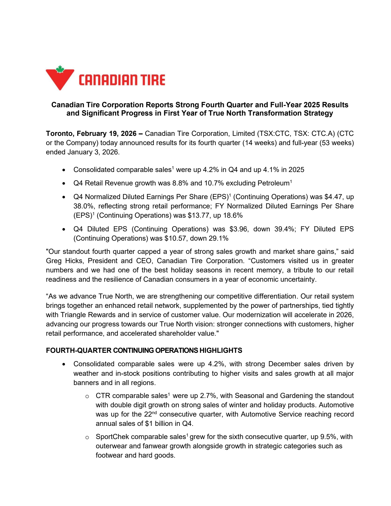 Canadian Tire's Q4 2025 Press Release