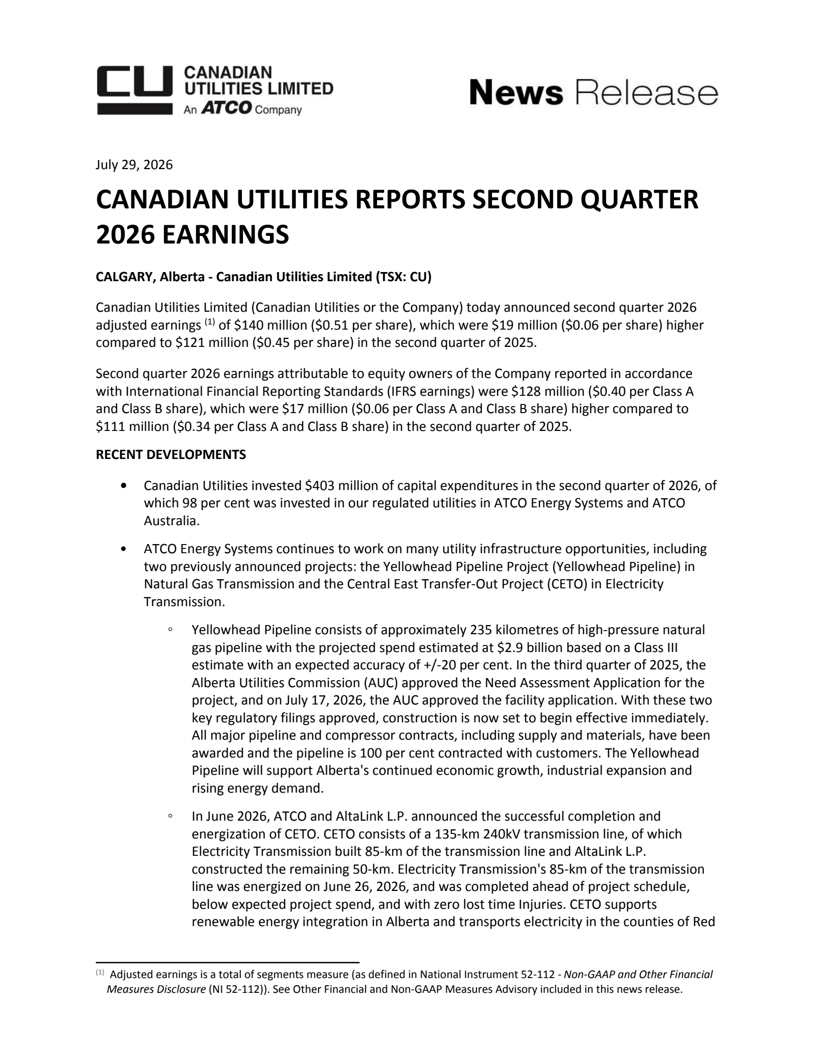 Canadian Utilities' Q2 2026 Press Release