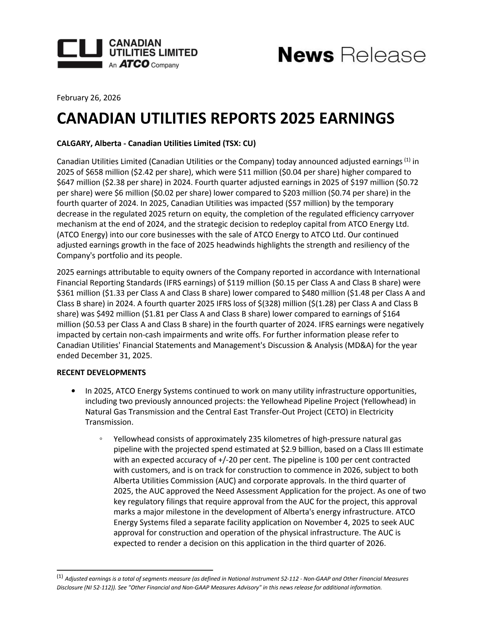 Canadian Utilities' Q4 2025 Press Release