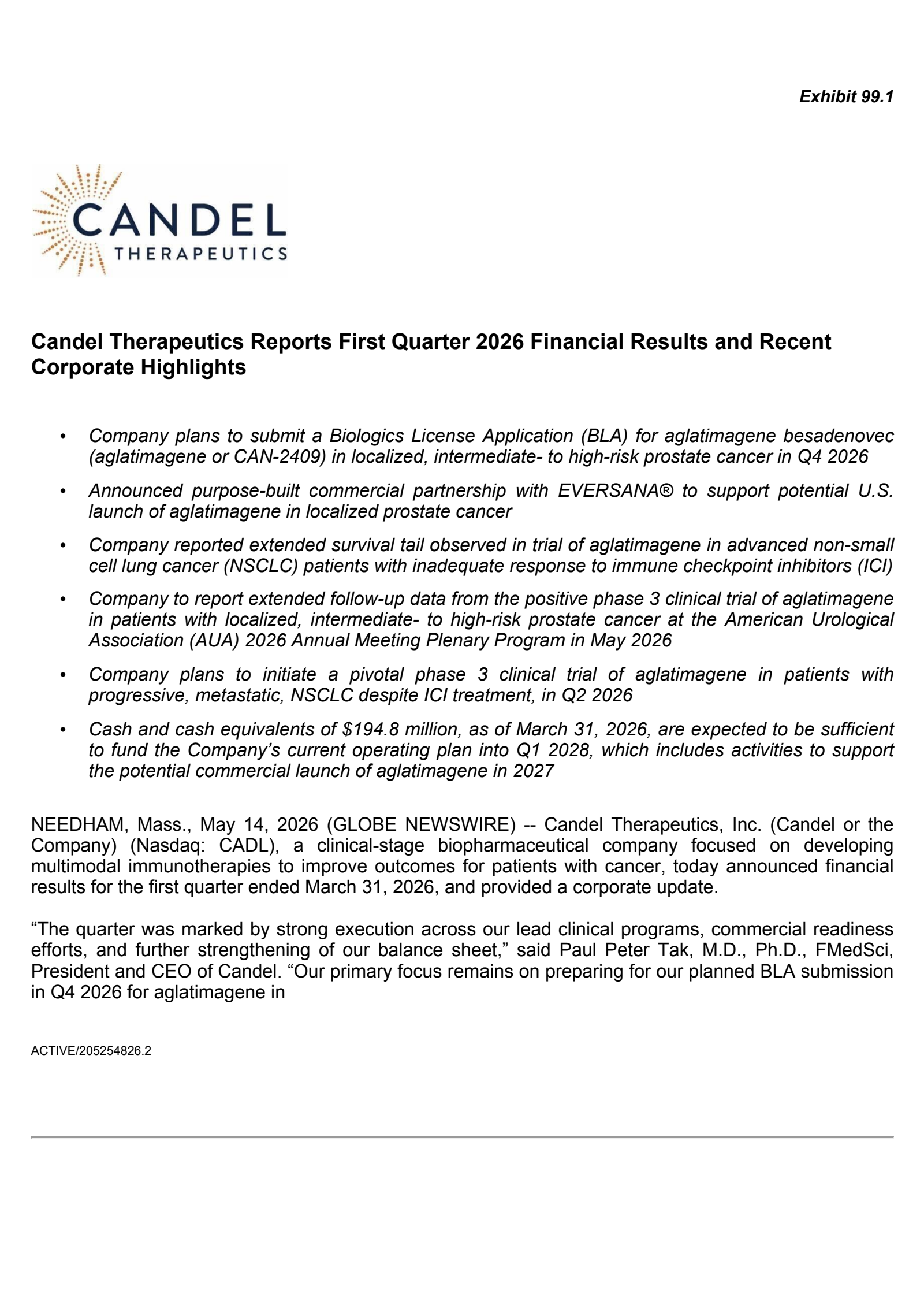 Candel Therapeutics' Q1 2026 Press Release