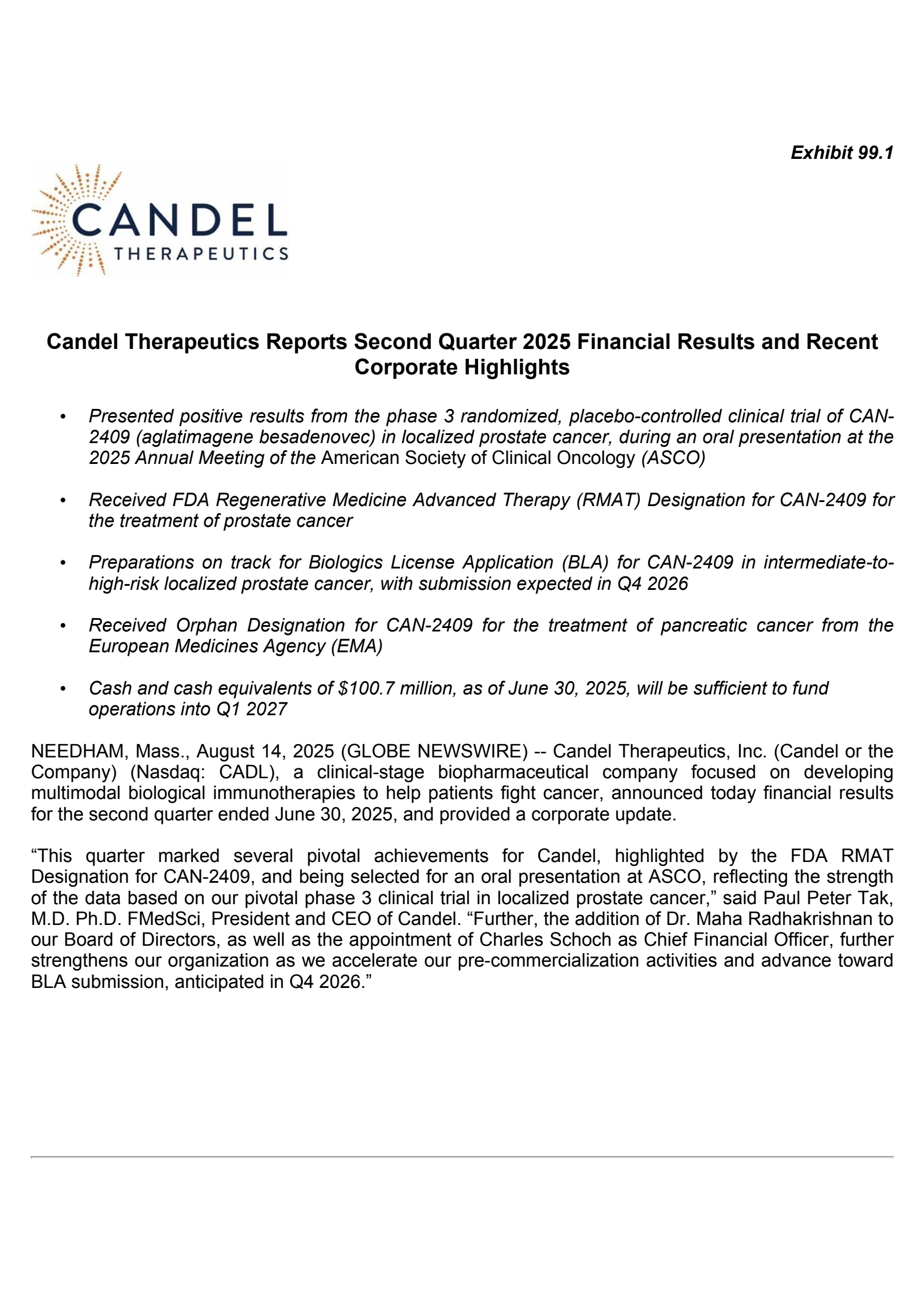 Candel Therapeutics' Q2 2025 Press Release