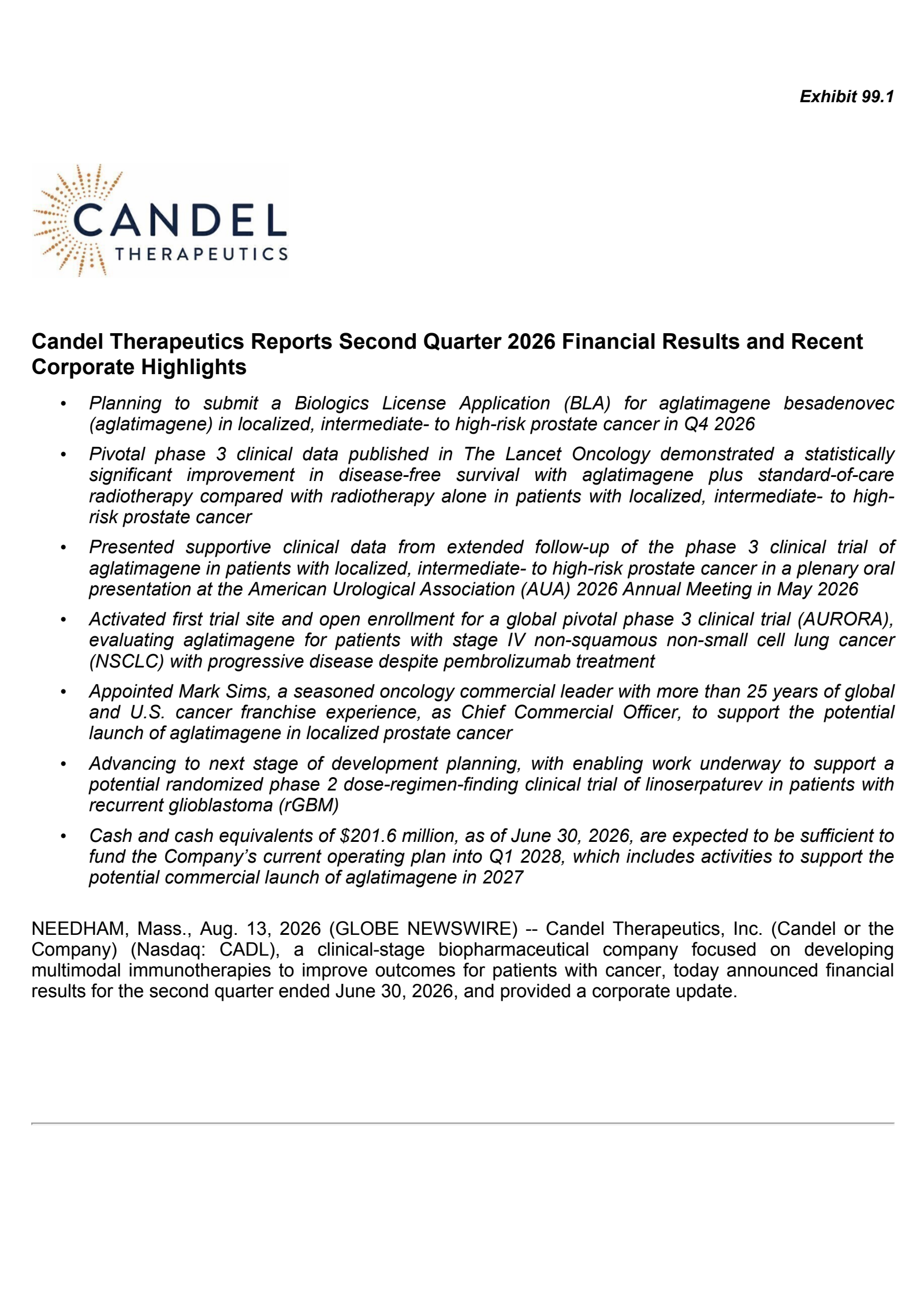 Candel Therapeutics' Q2 2026 Press Release