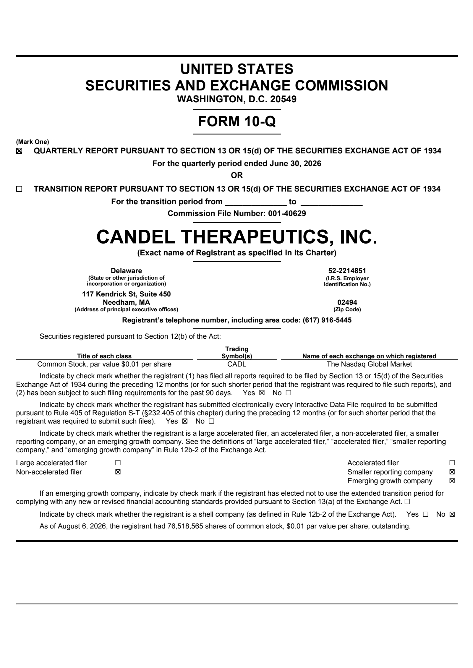 Candel Therapeutics' Q2 2026 Quarterly report