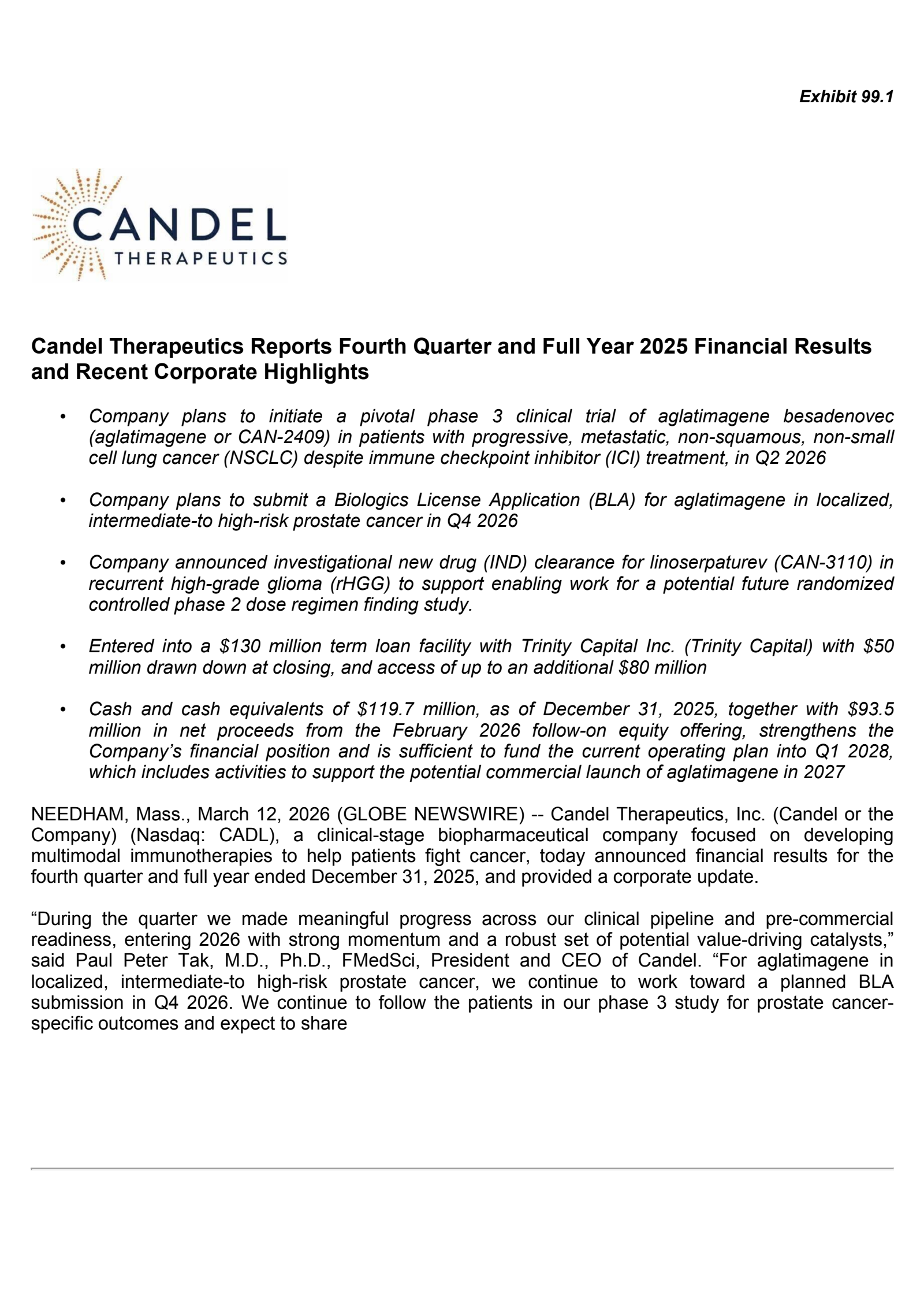 Candel Therapeutics' Q4 2025 Press Release