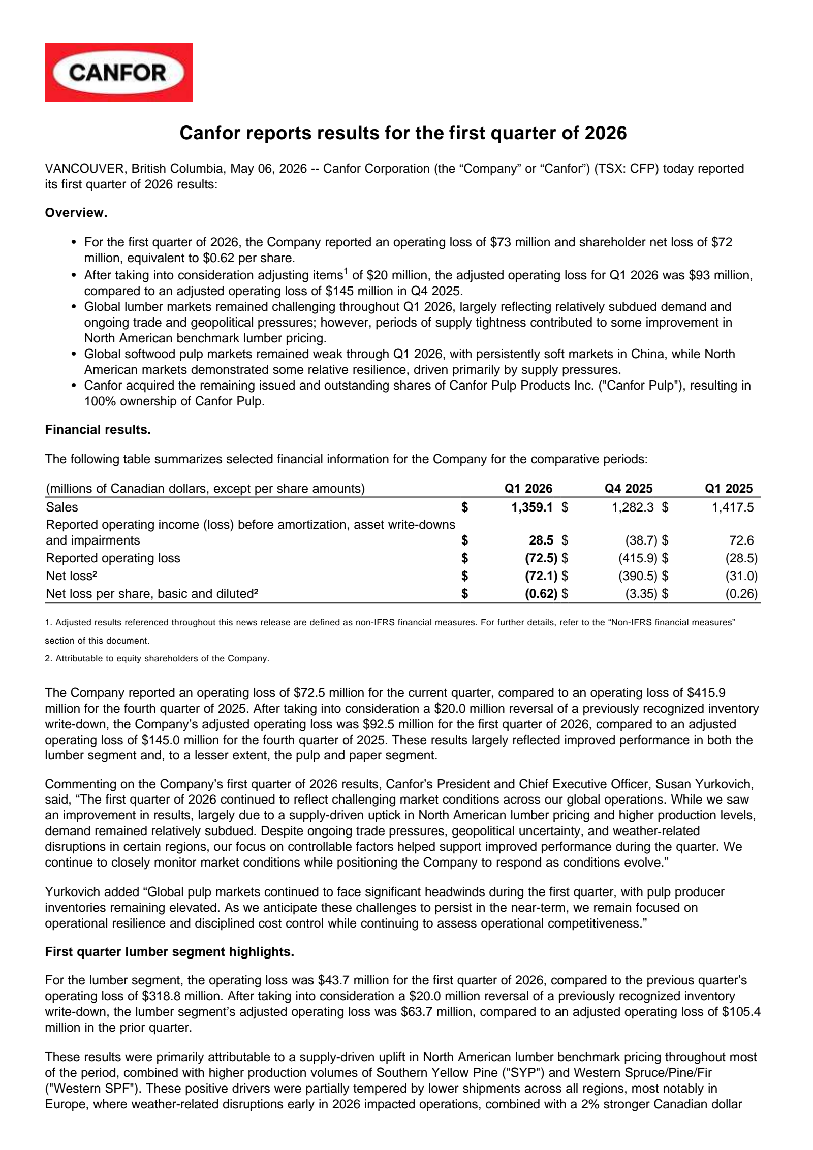 Canfor's Q1 2026 Press Release