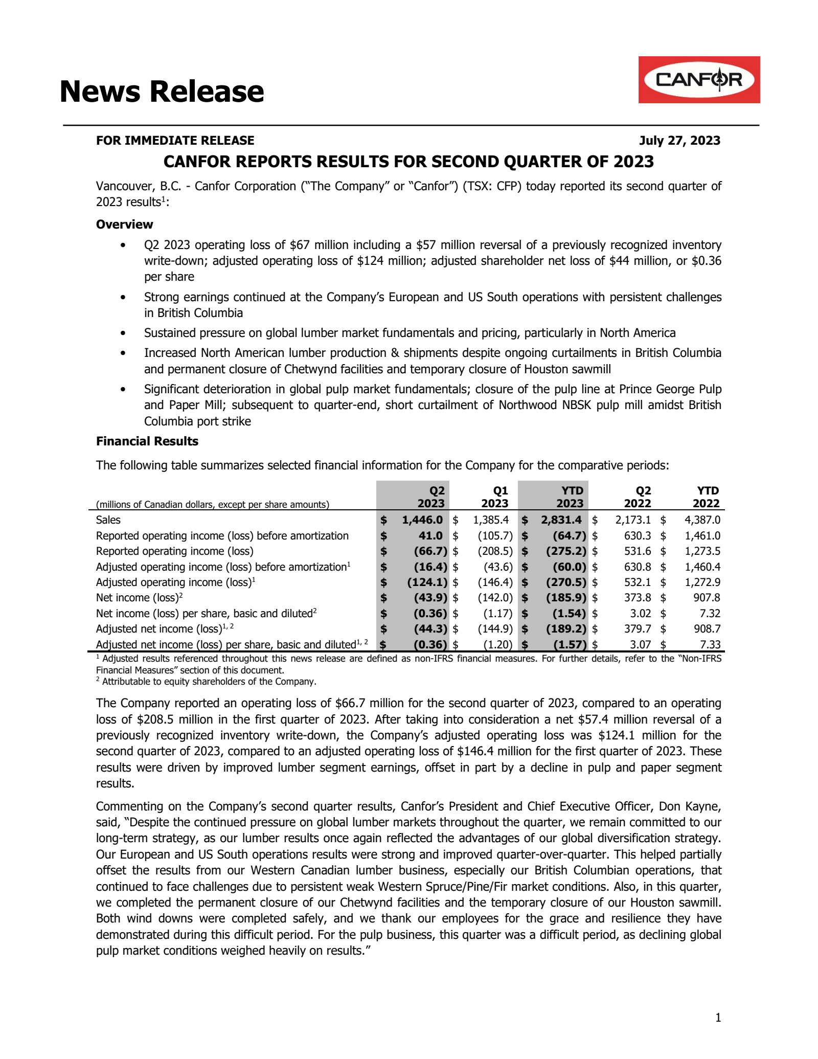 Canfor's Q2 2023 Earnings Release