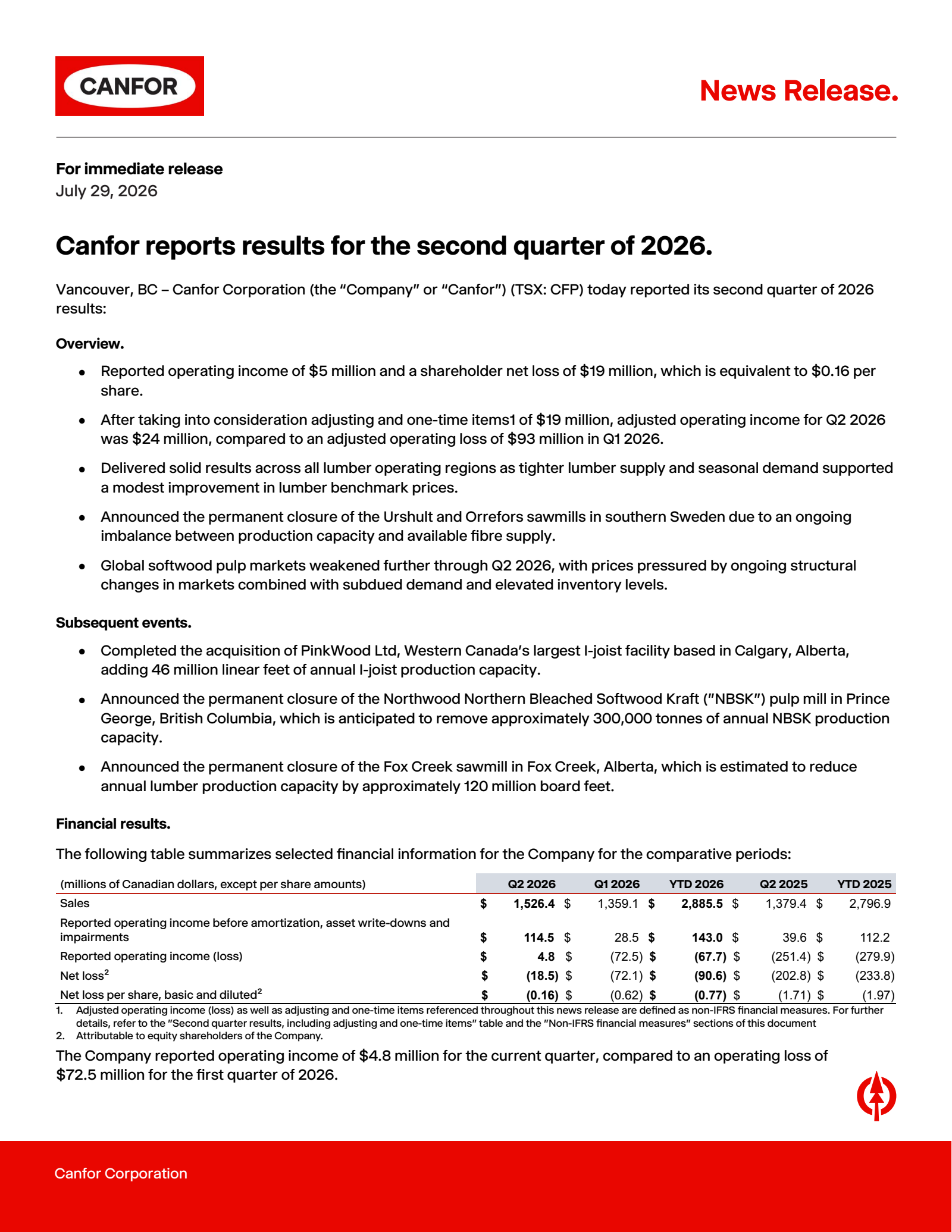 Canfor's Q2 2026 Press Release