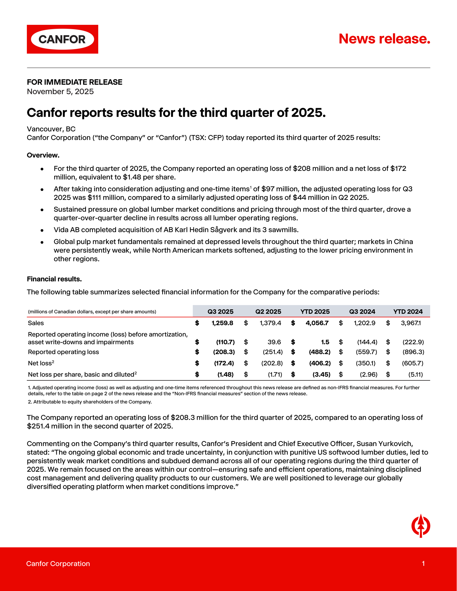 Canfor's Q3 2025 Earnings Release