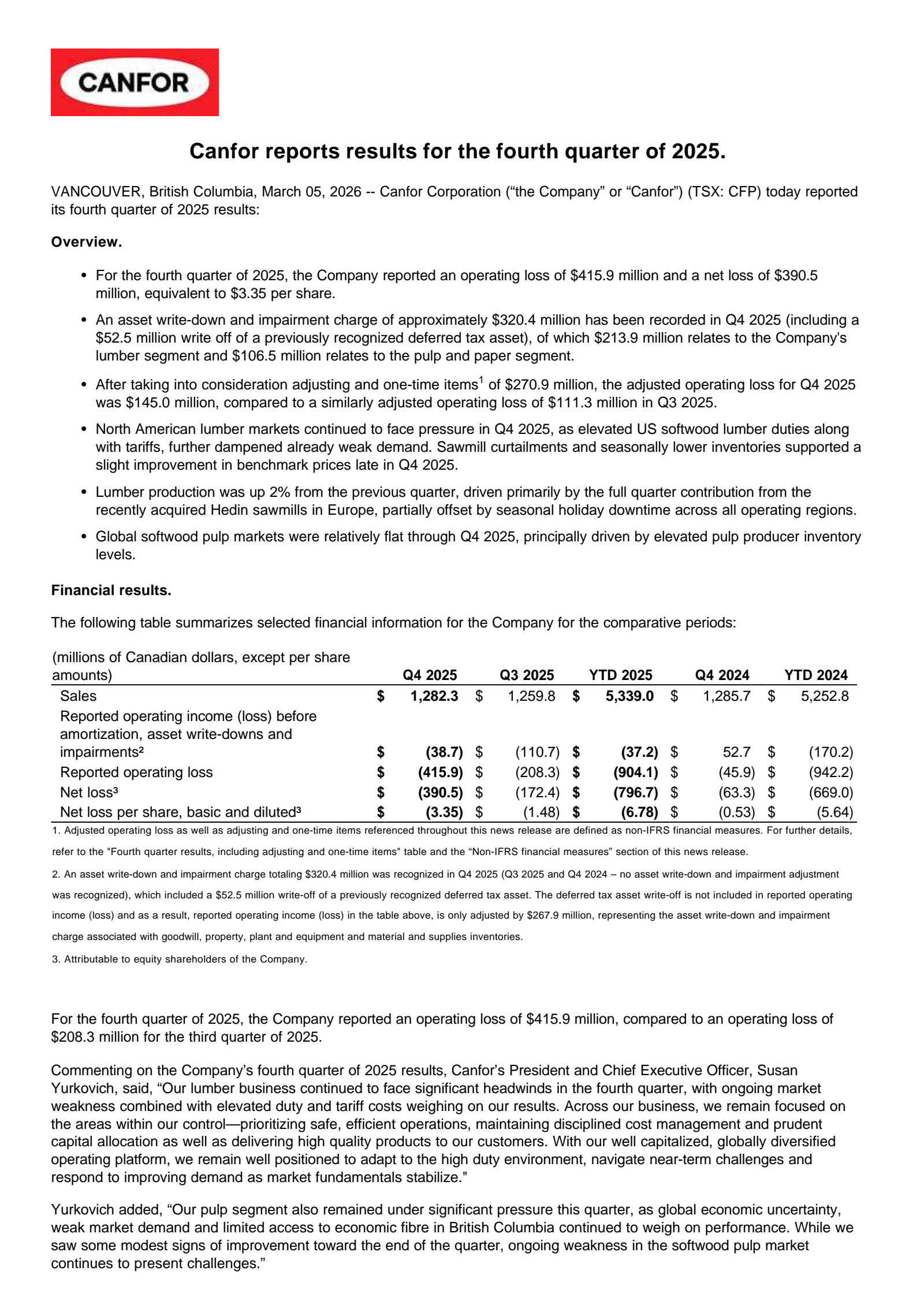 Canfor's Q4 2025 Press Release