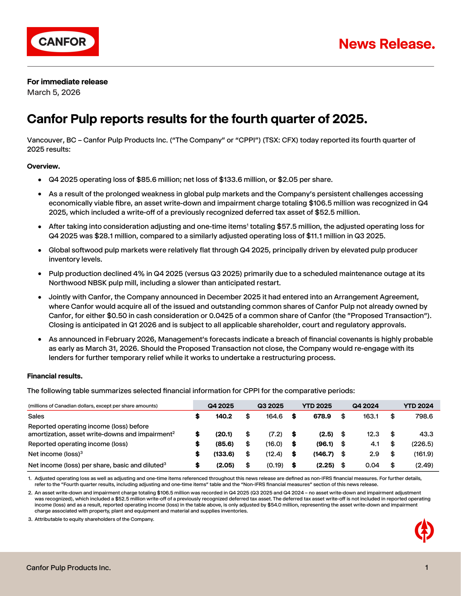 Canfor Pulp Products' Q4 2025 Press Release