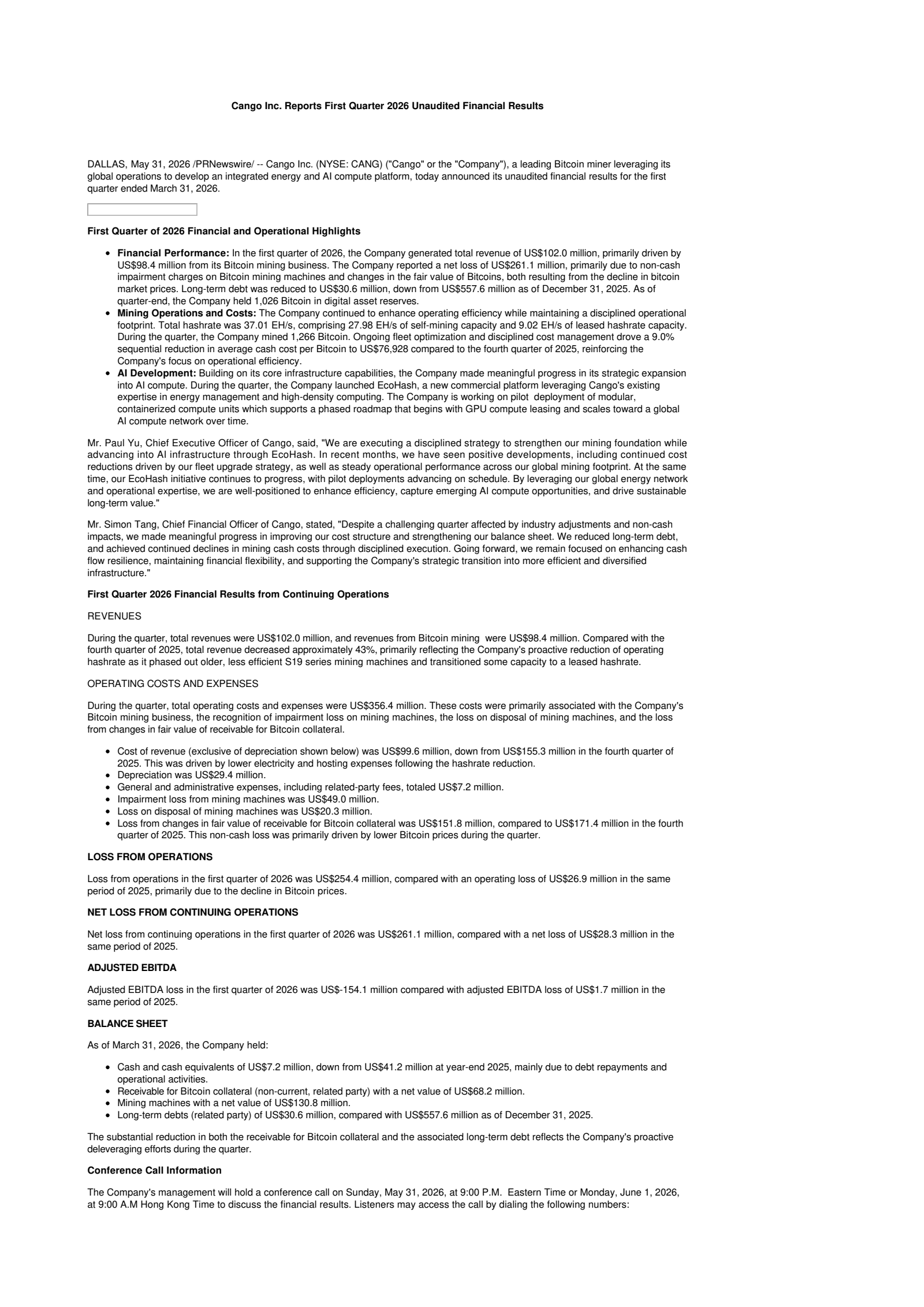 Cango's Q1 2026 Press Release