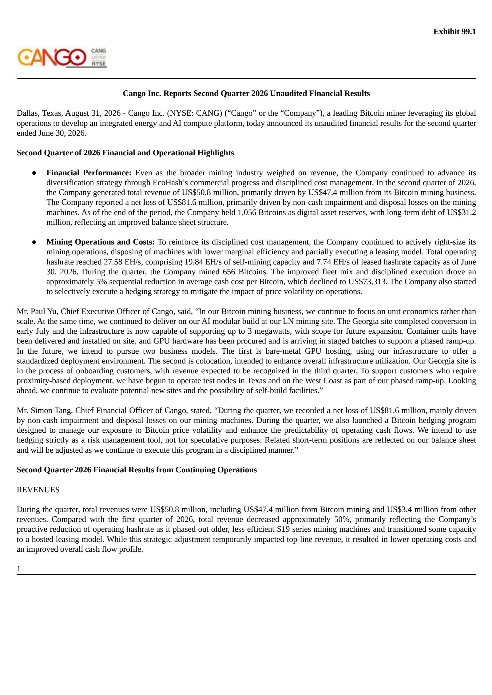 Cango's Q2 2026 Press Release