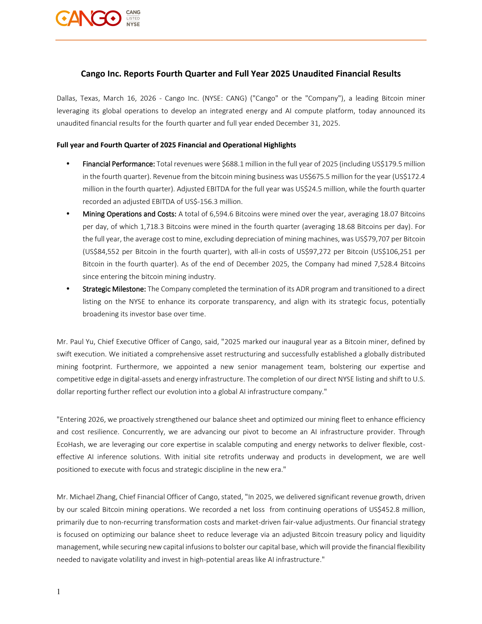 Cango's Q4 2025 Press Release