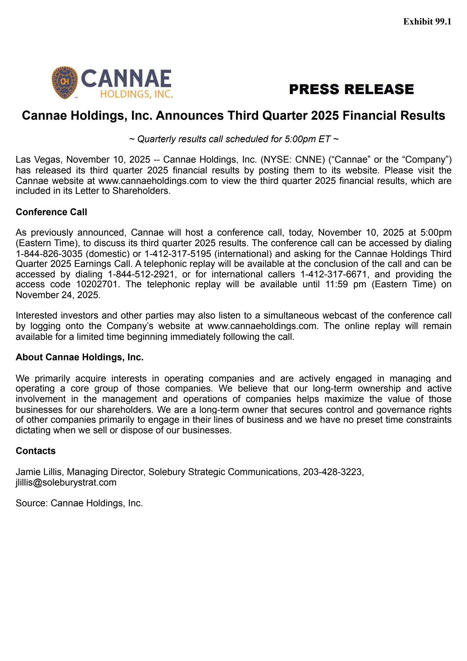 Cannae's Q3 2025 Earnings Release