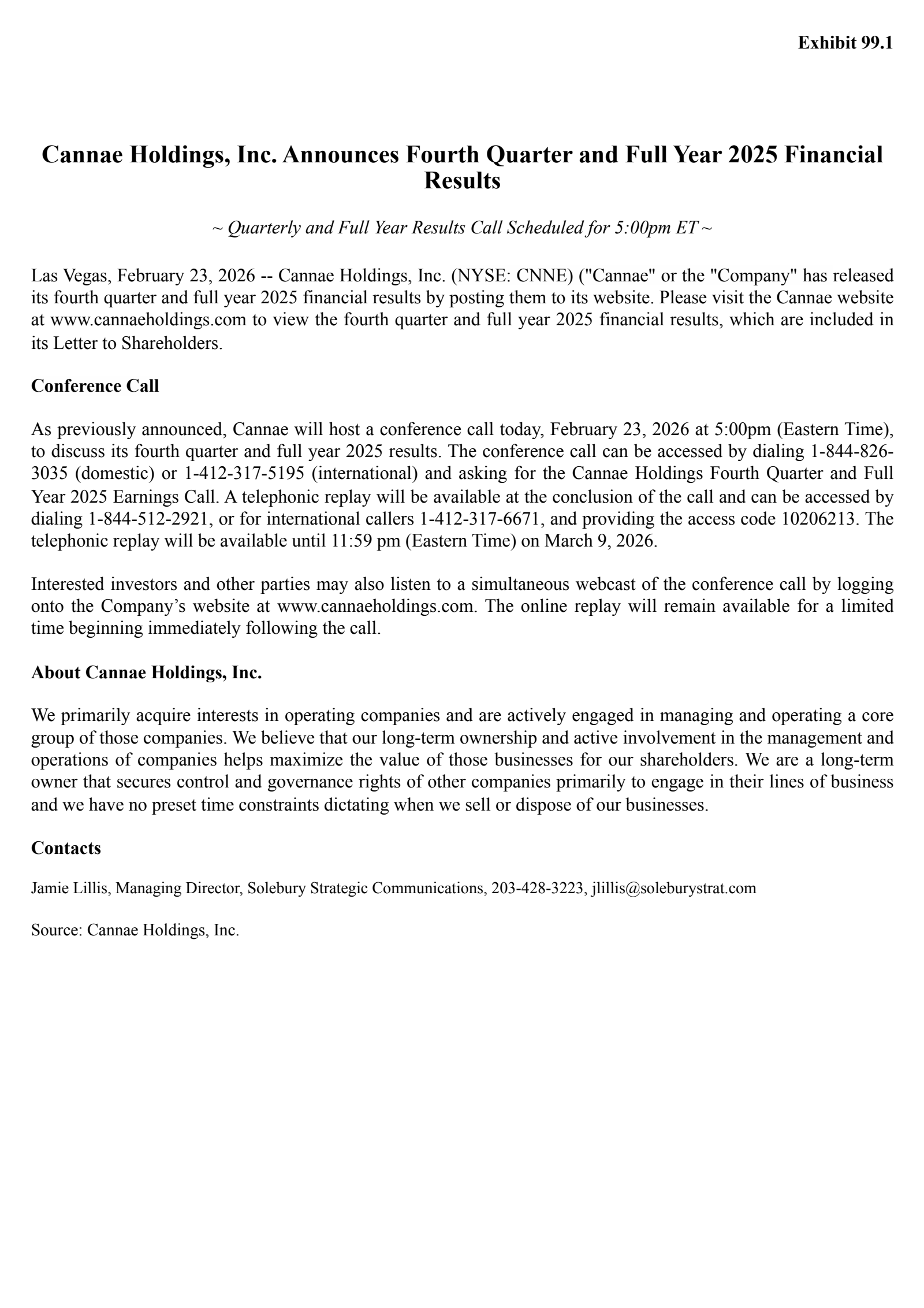 Cannae's Q4 2025 Press Release