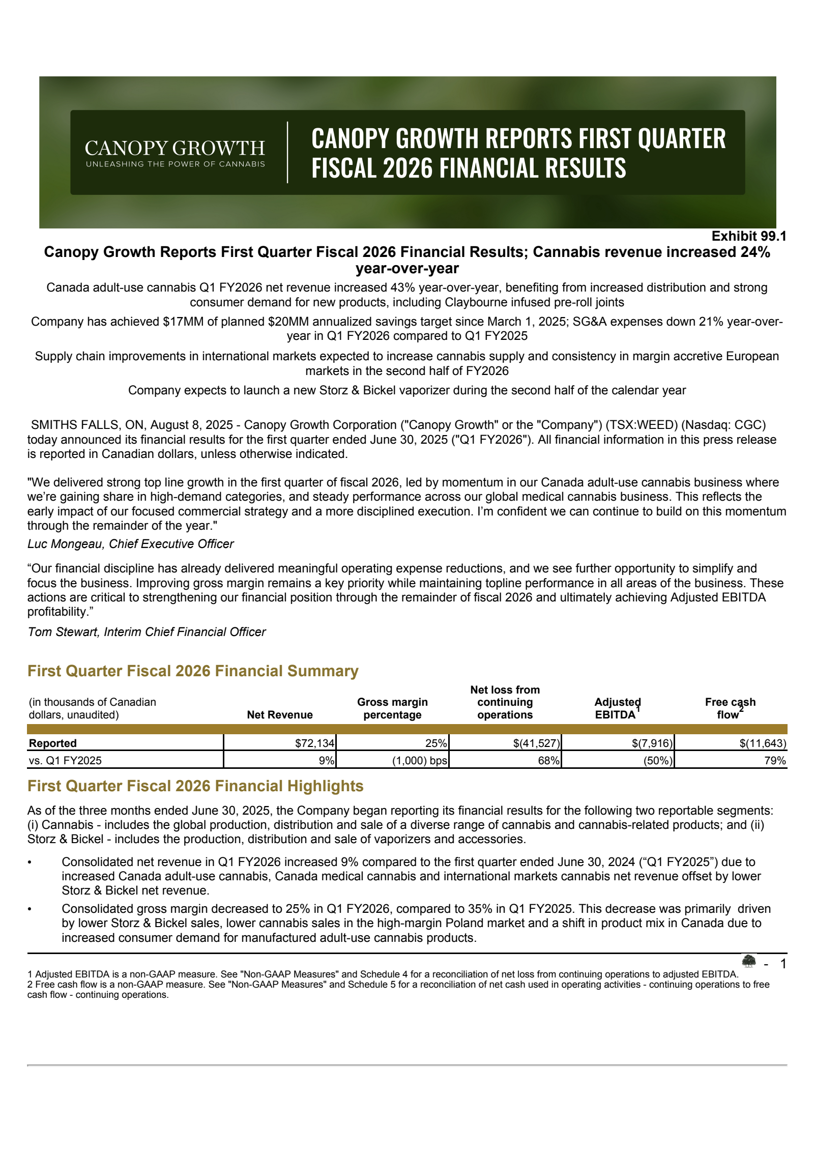 Canopy Growth's Q1 2026 Press Release
