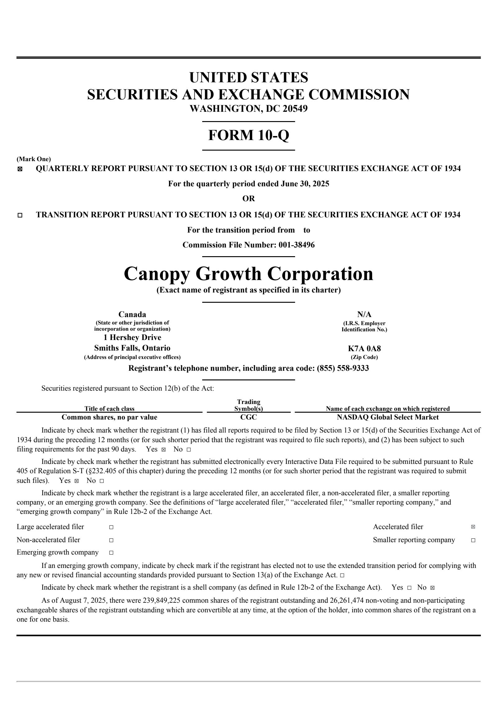 Canopy Growth's Q1 2026 Quarterly report
