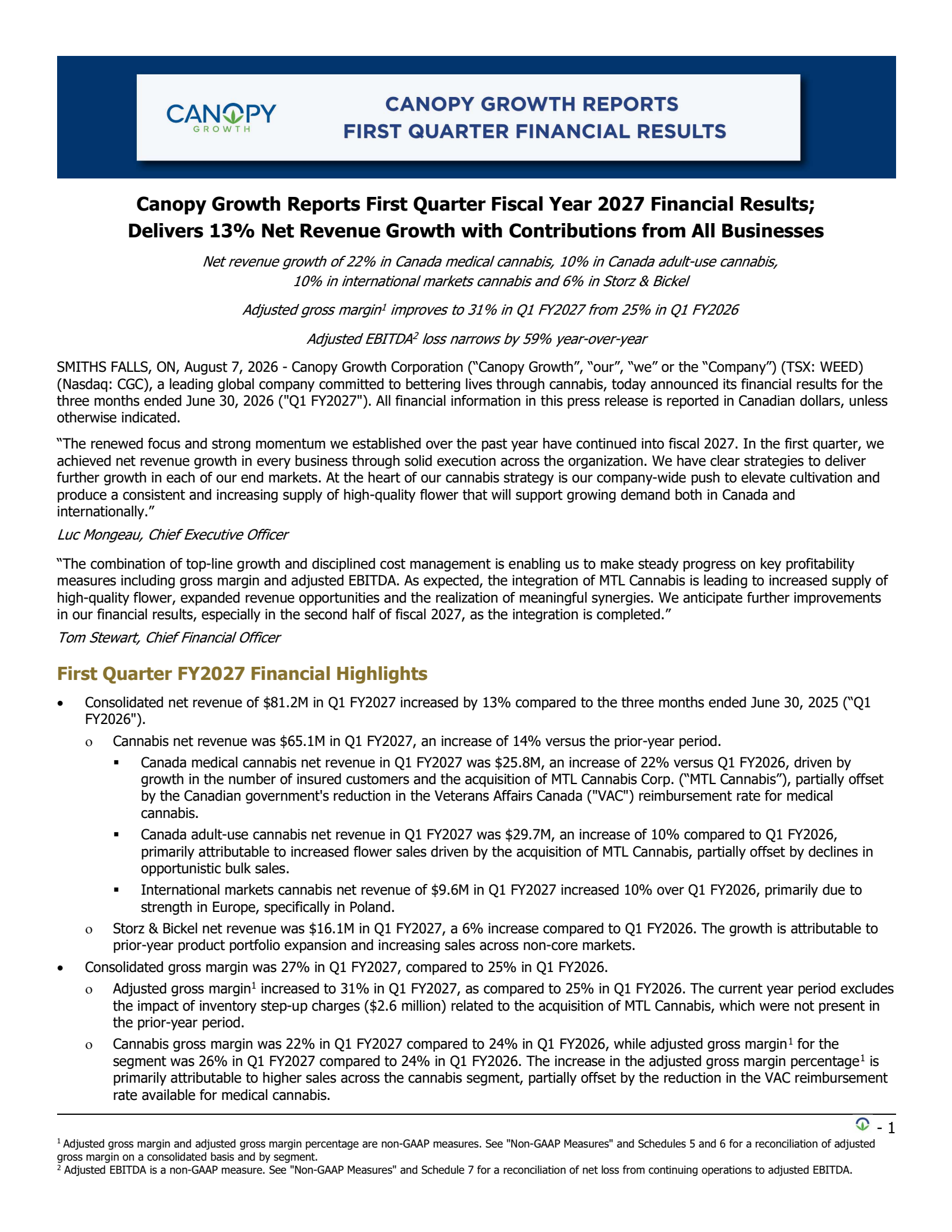 Canopy Growth's Q1 2027 Press Release