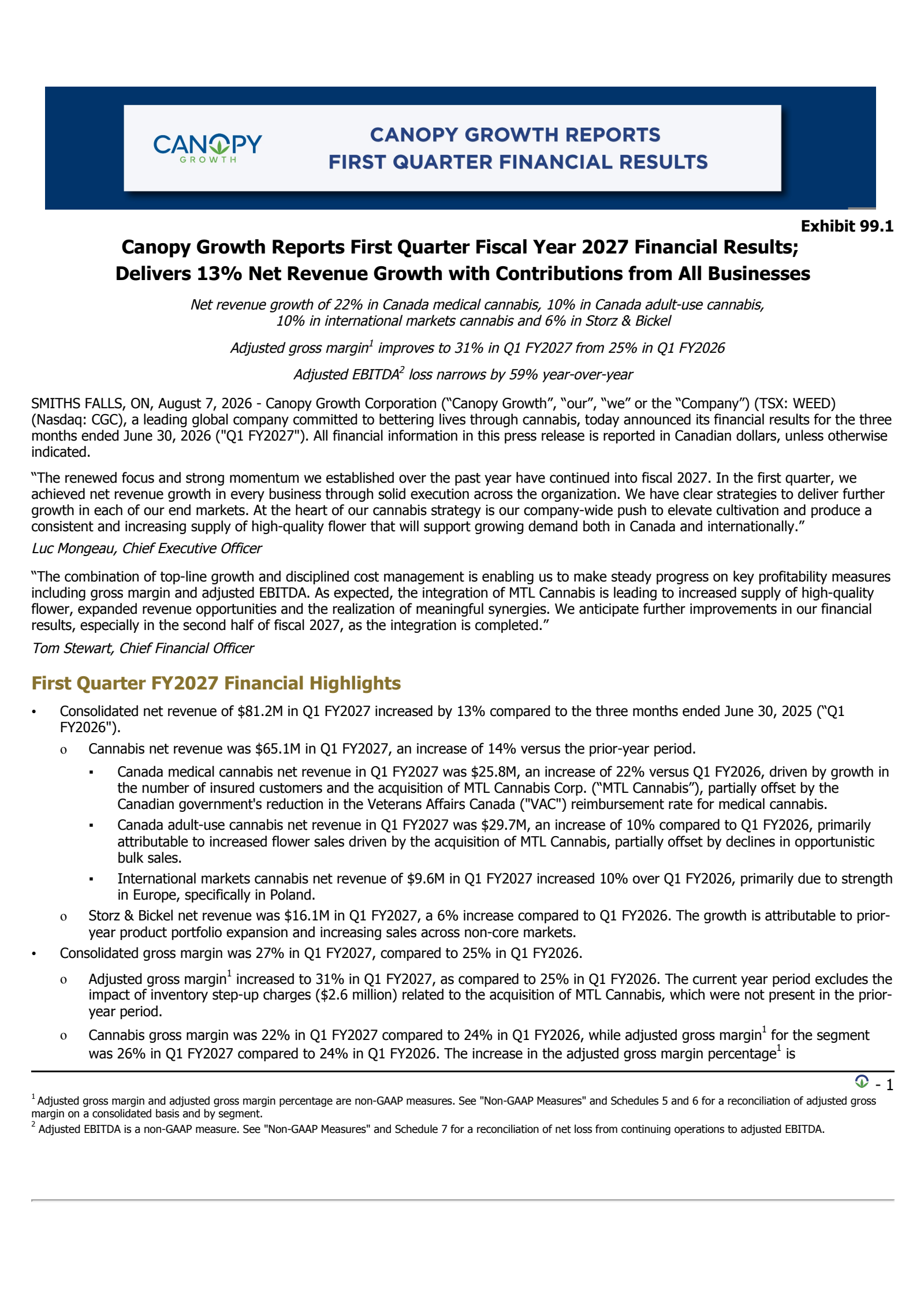 Canopy Growth's Q1 2027 Press Release