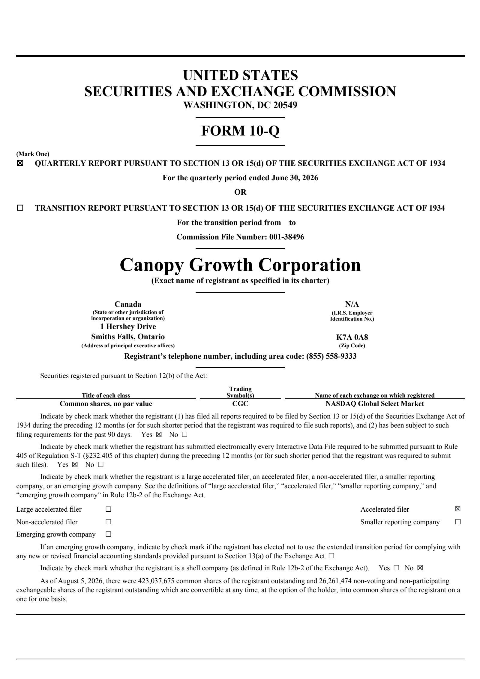 Canopy Growth's Q1 2027 Quarterly report