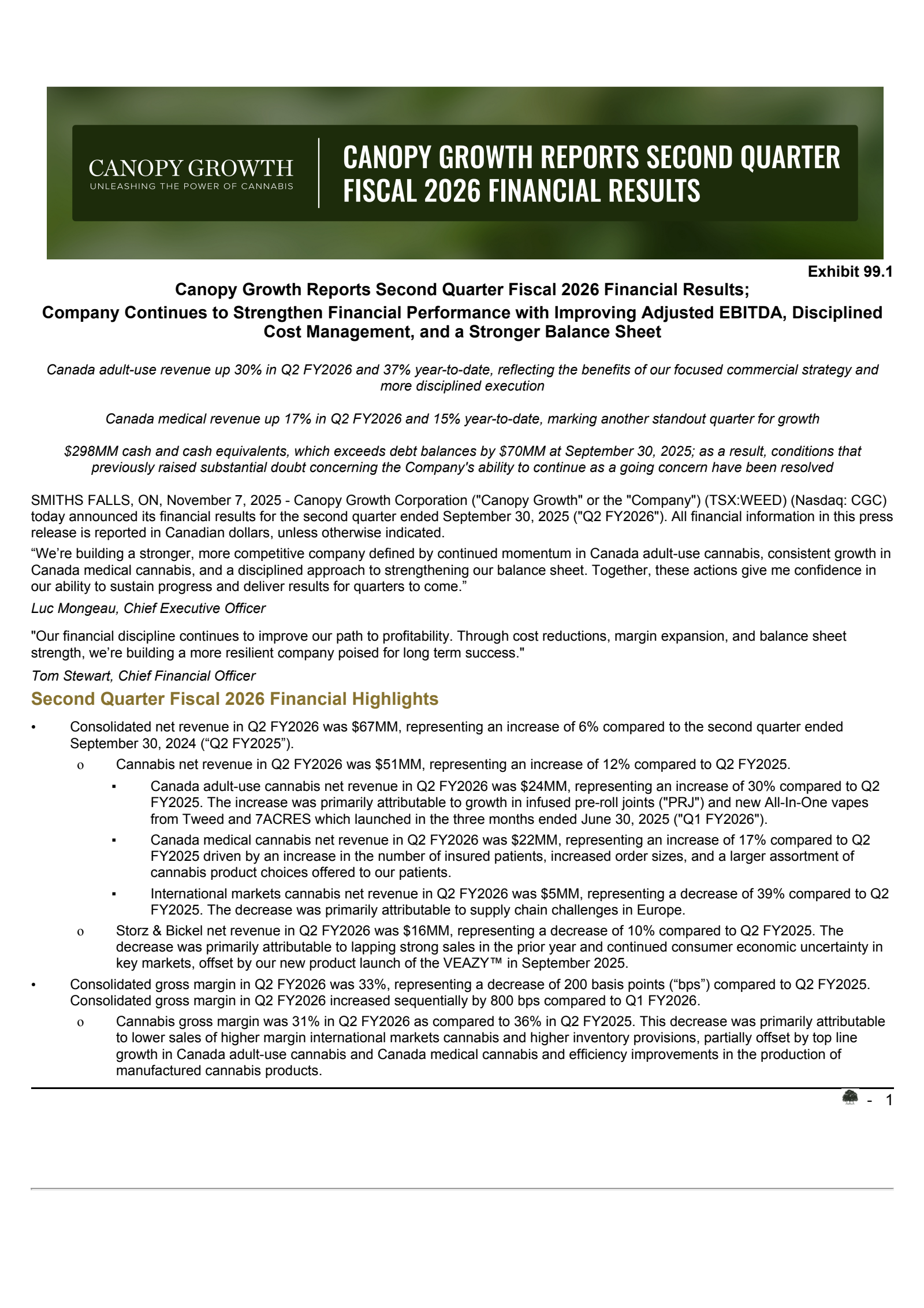 Canopy Growth's Q2 2026 Press Release