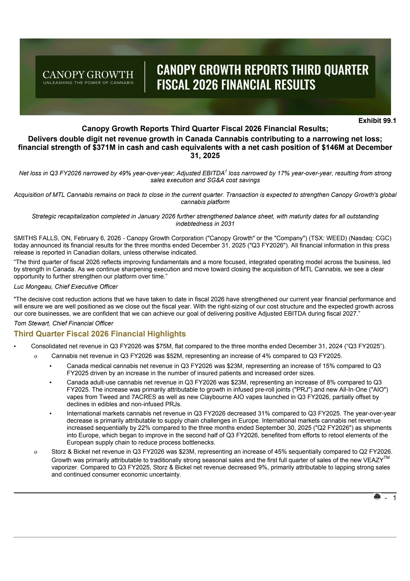 Canopy Growth's Q3 2026 Press Release