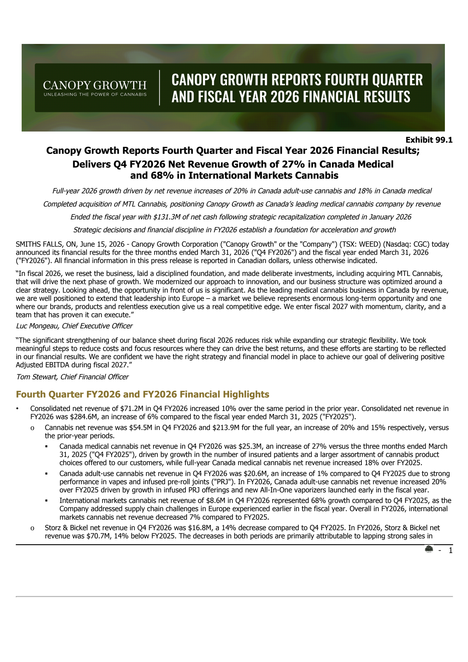 Canopy Growth's Q4 2026 Press Release