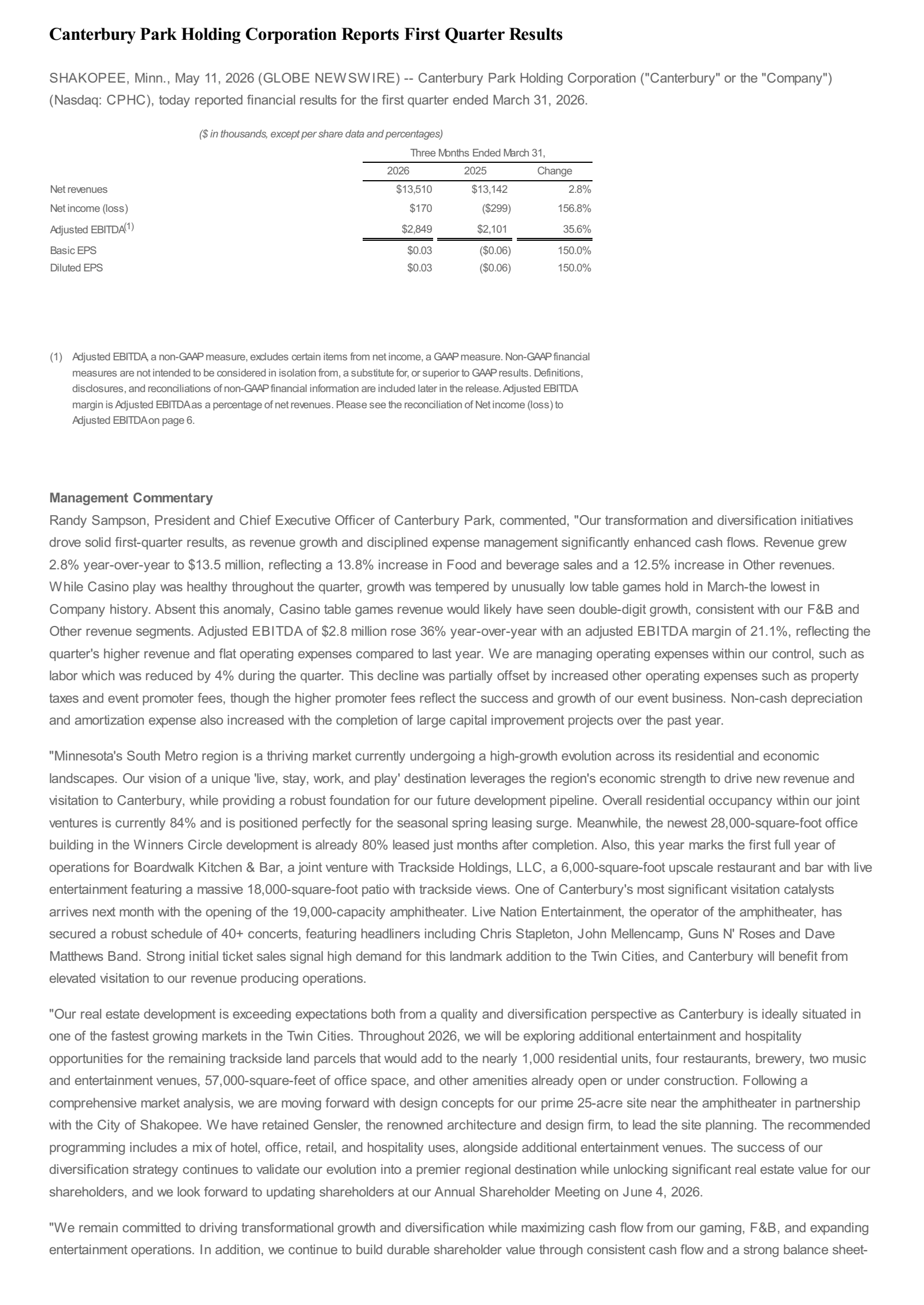 Canterbury Park's Q1 2026 Press Release