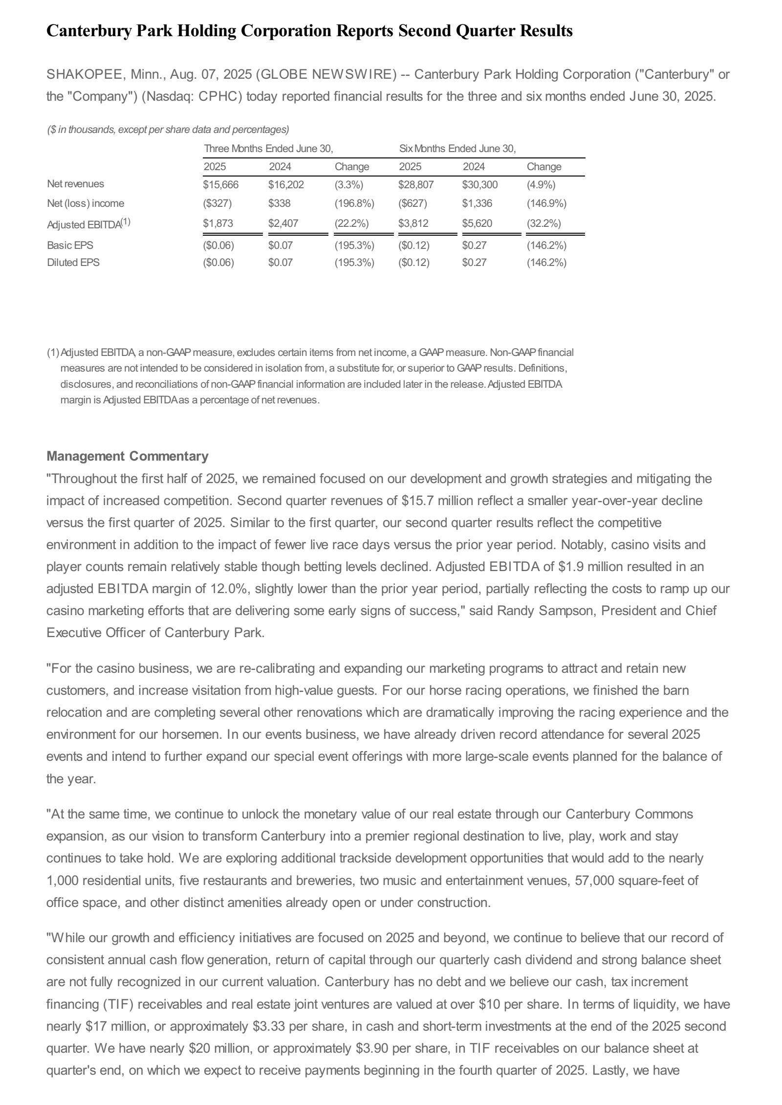 Canterbury Park's Q2 2025 Press Release