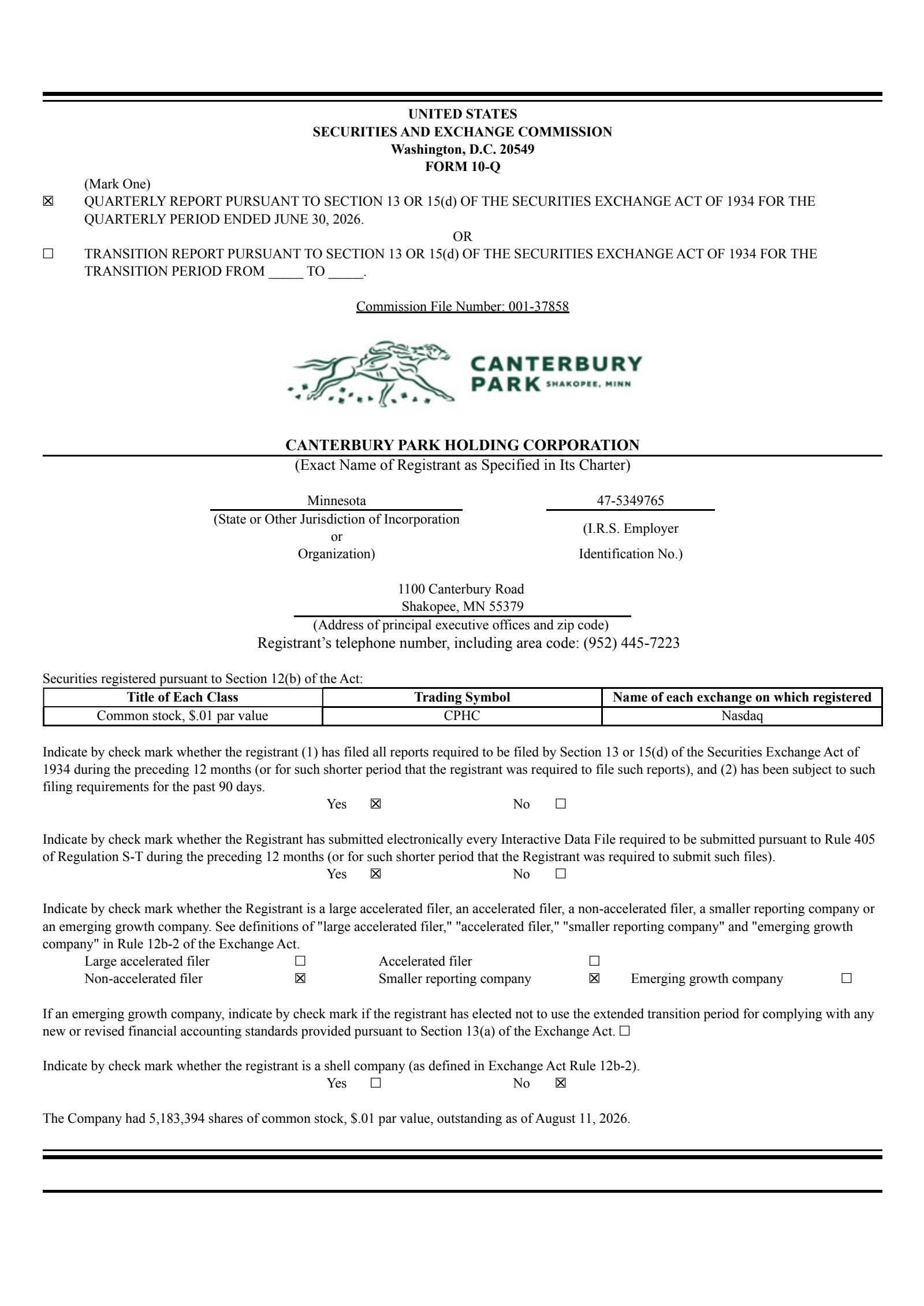 Canterbury Park's Q2 2026 Quarterly report
