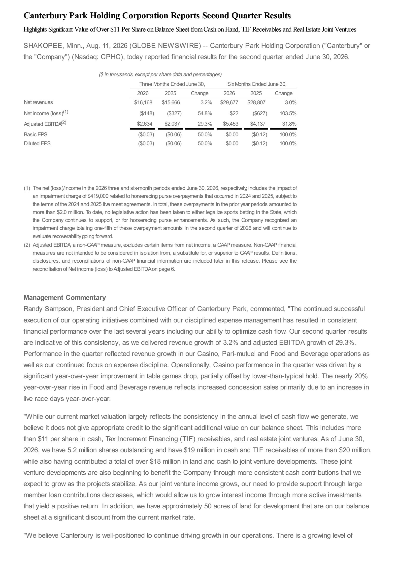 Canterbury Park's Q2 2026 Press Release