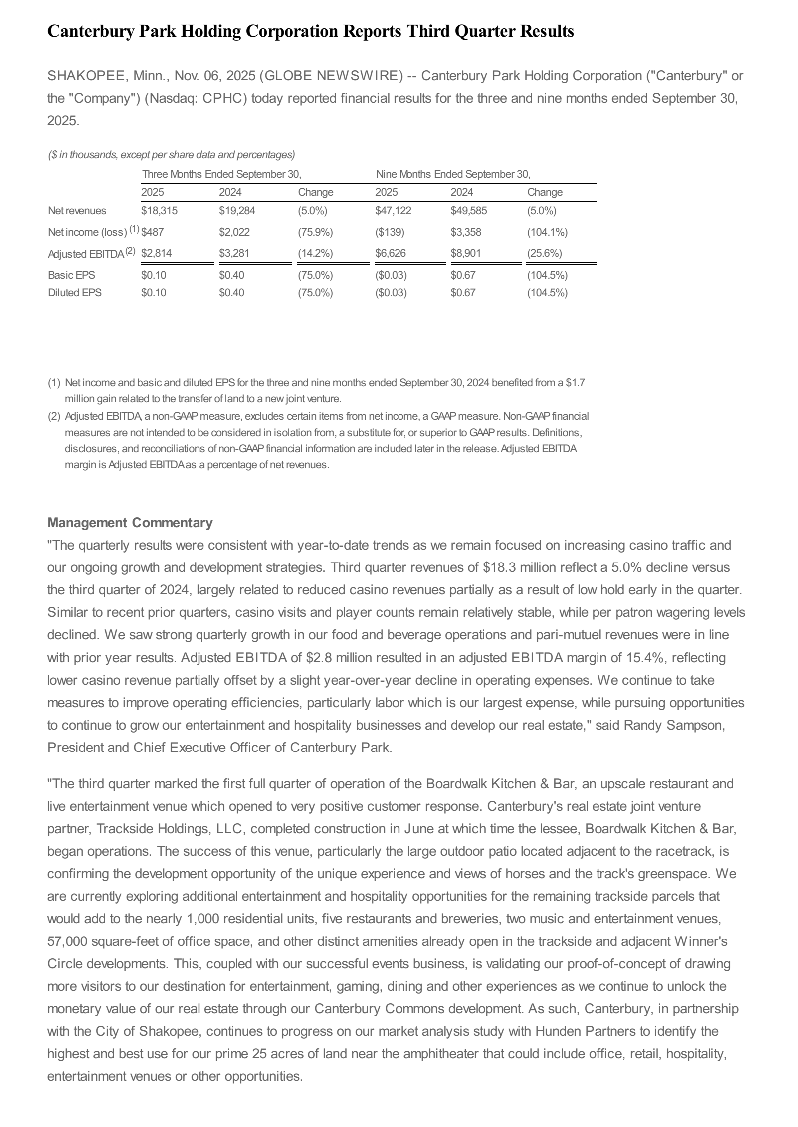Canterbury Park's Q3 2025 Earnings Release