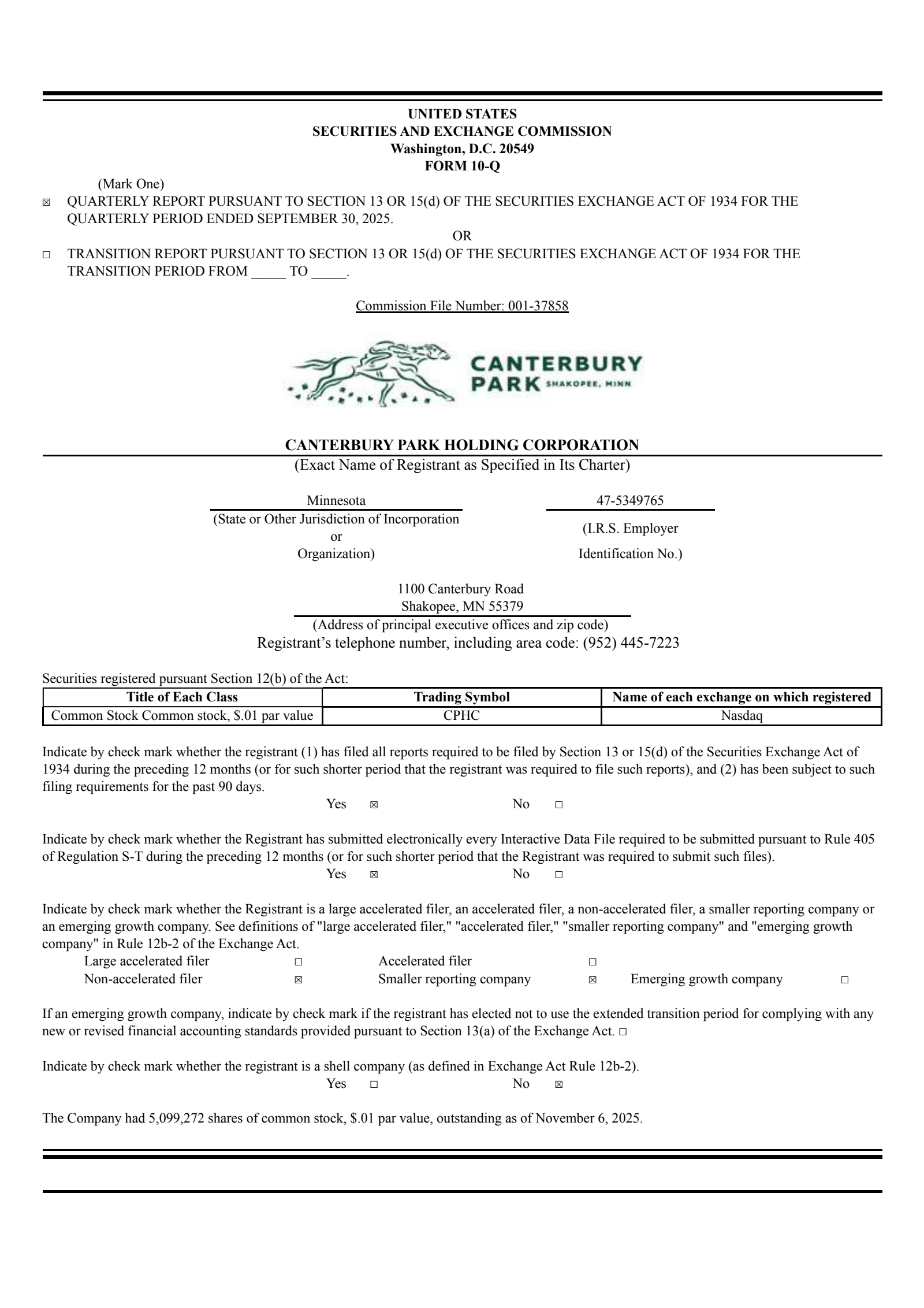Canterbury Park's Q3 2025 Quarterly Report
