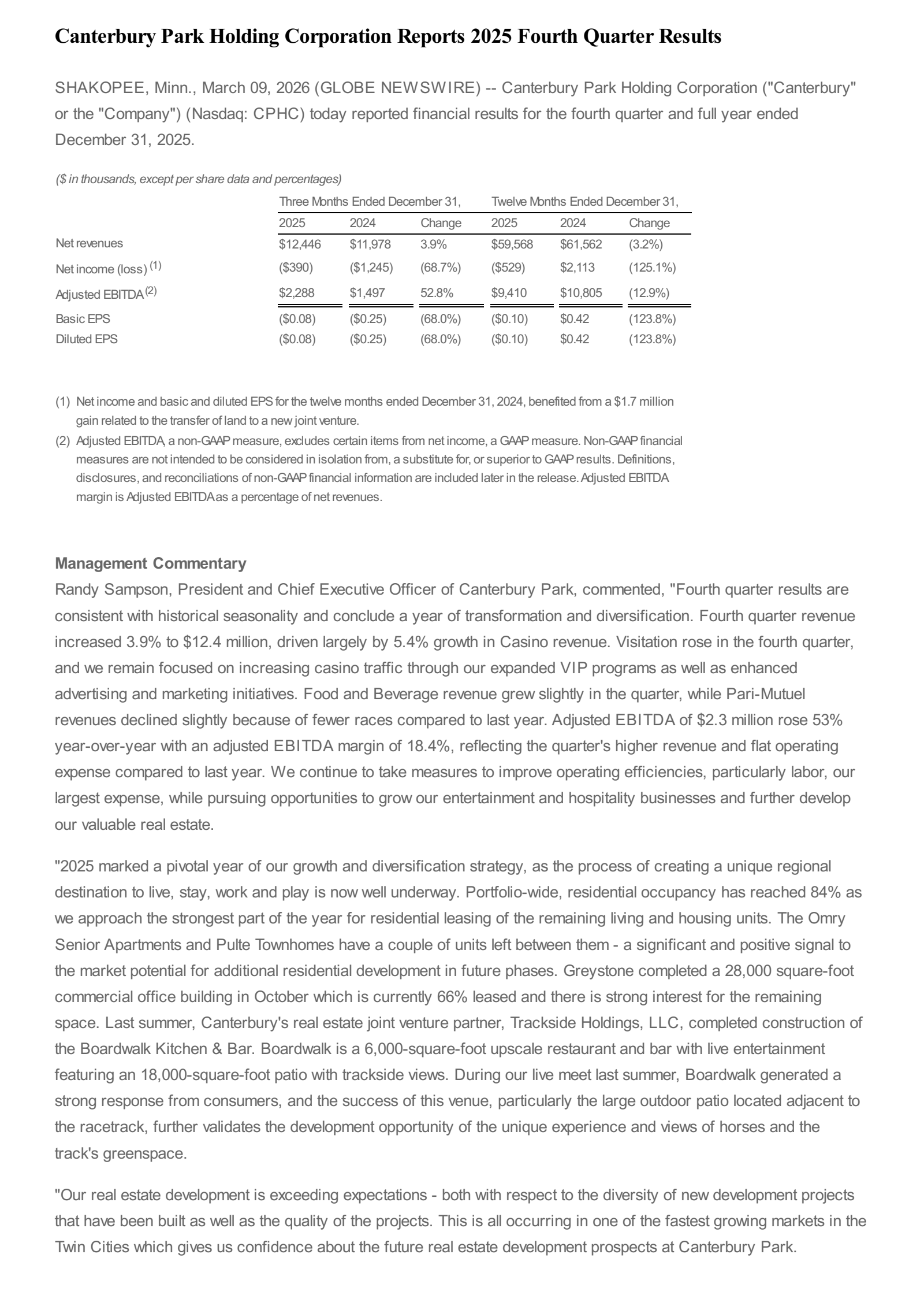 Canterbury Park's Q4 2025 Press Release