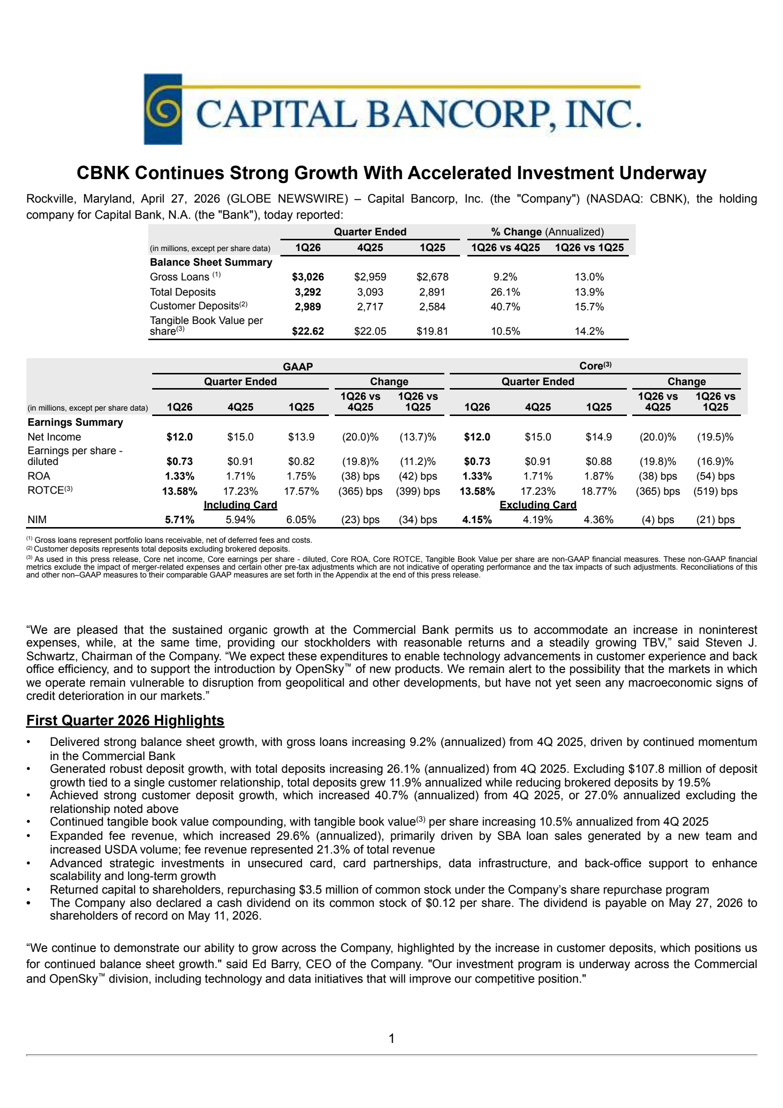 Capital Bancorp's Q1 2026 Press Release