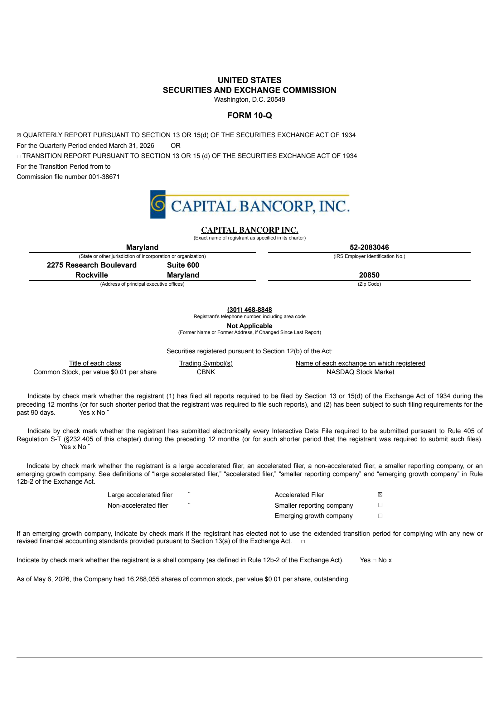 Capital Bancorp's Q1 2026 Quarterly report