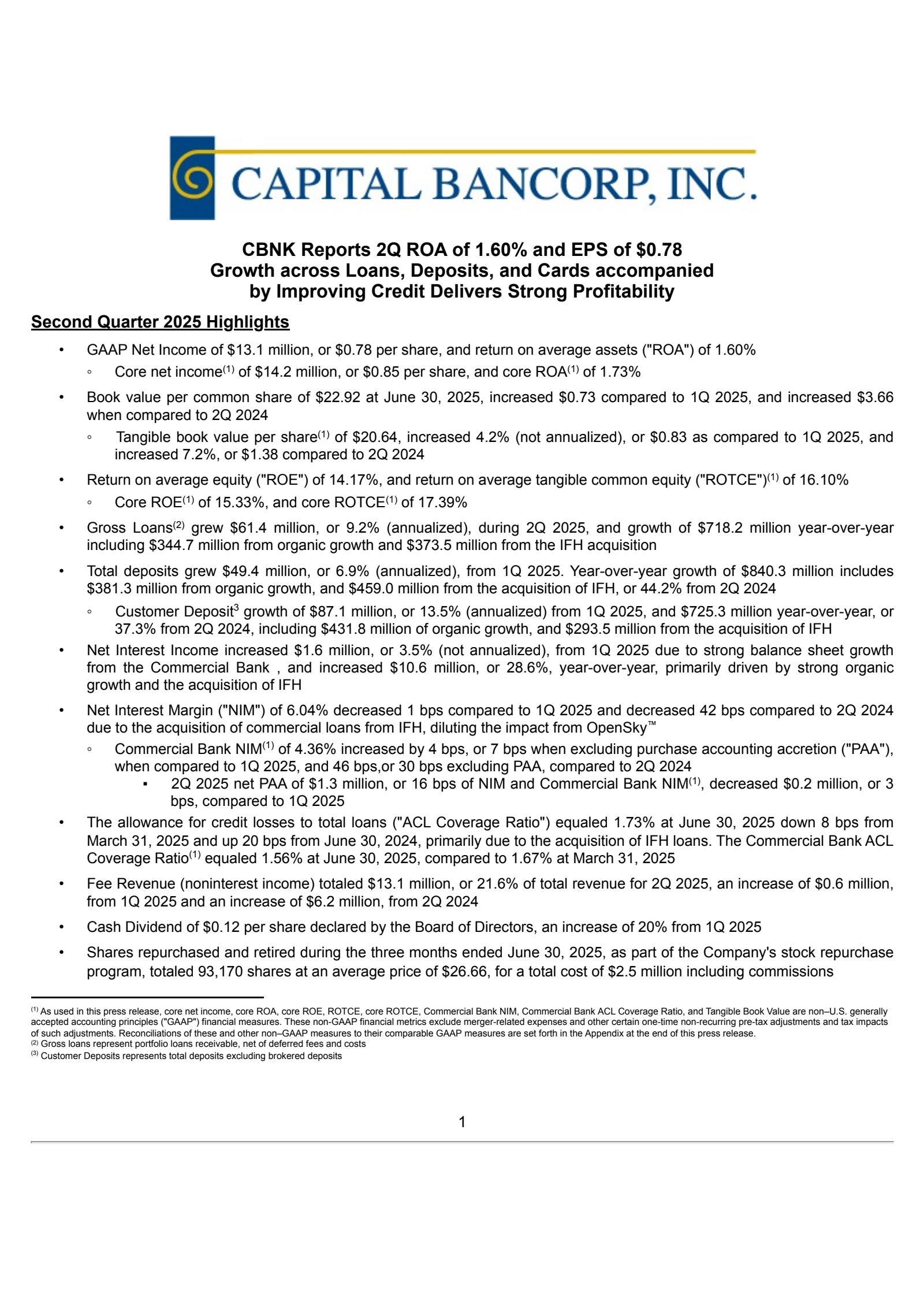 Capital Bancorp's Q2 2025 Press Release