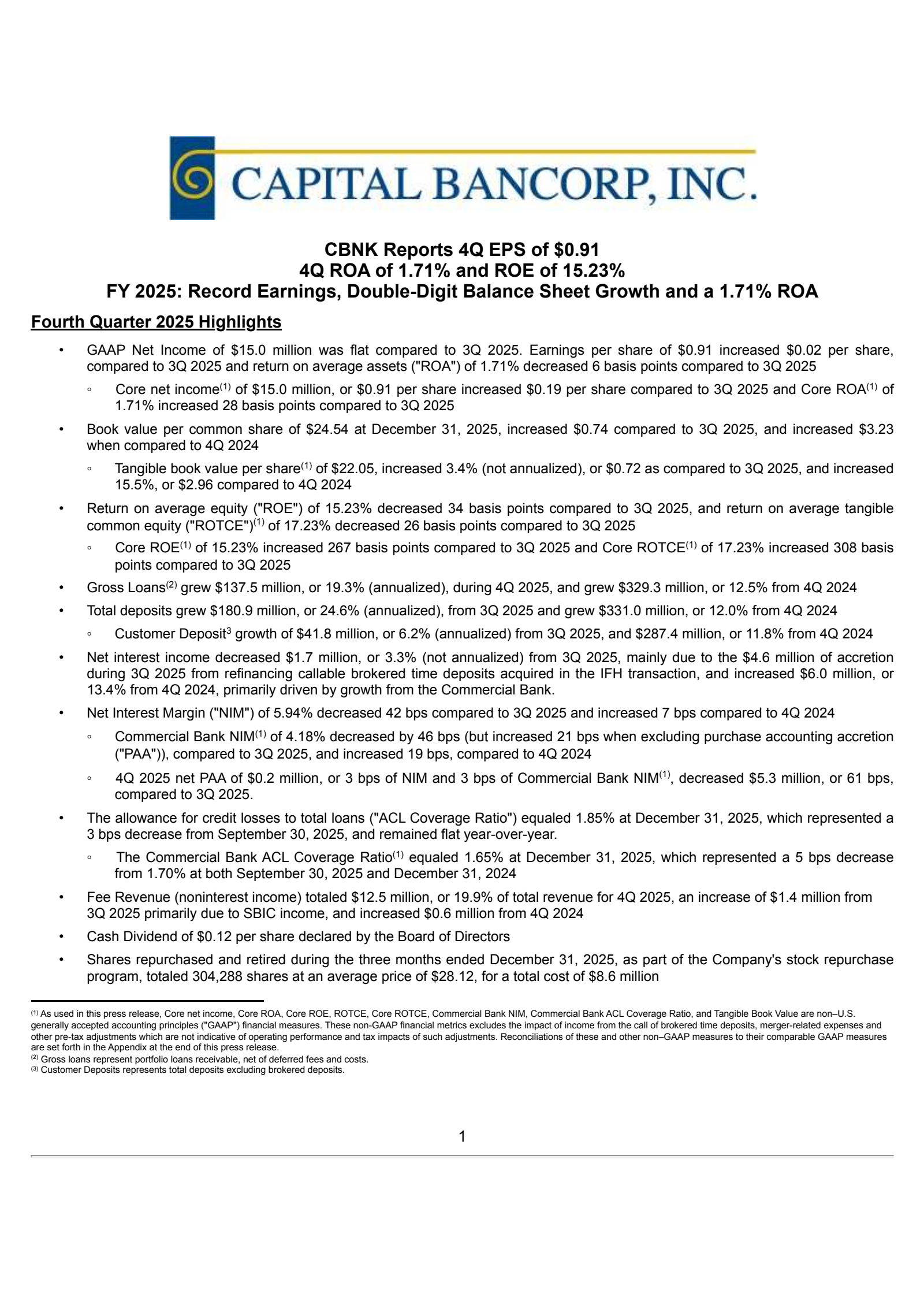 Capital Bancorp's Q4 2025 Press Release