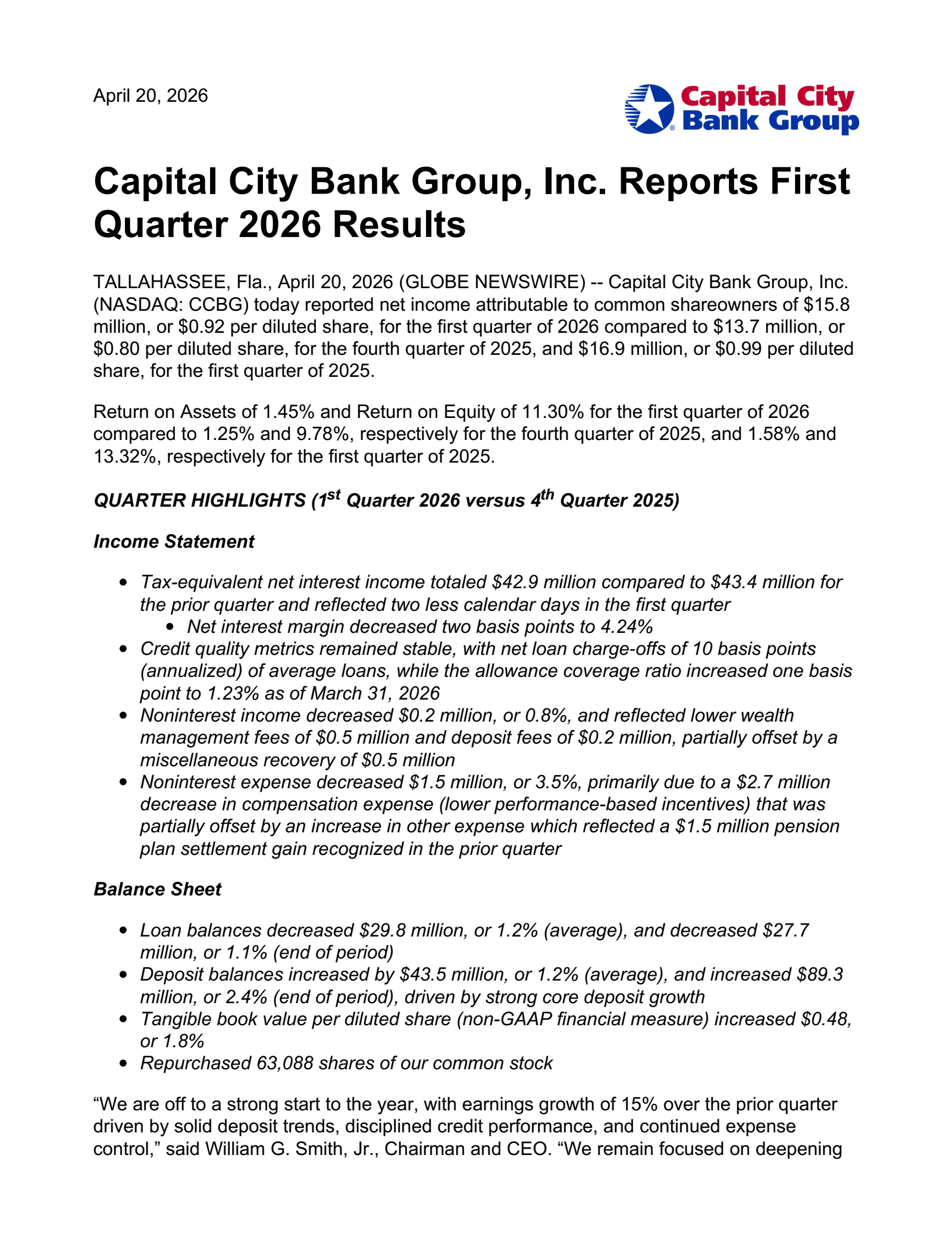 Capital City Bank Group's Q1 2026 Press Release