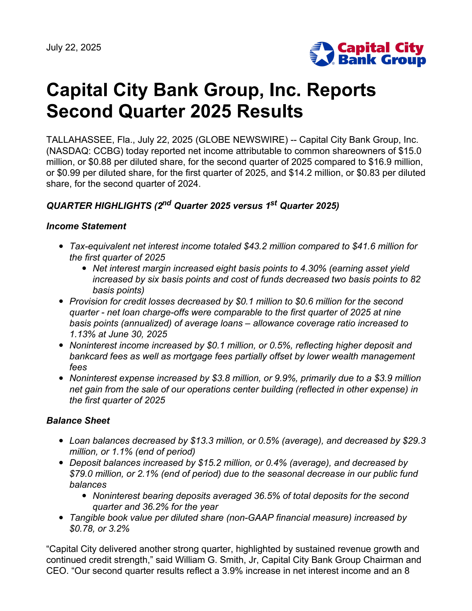 Capital City Bank Group's Q2 2025 Press Release