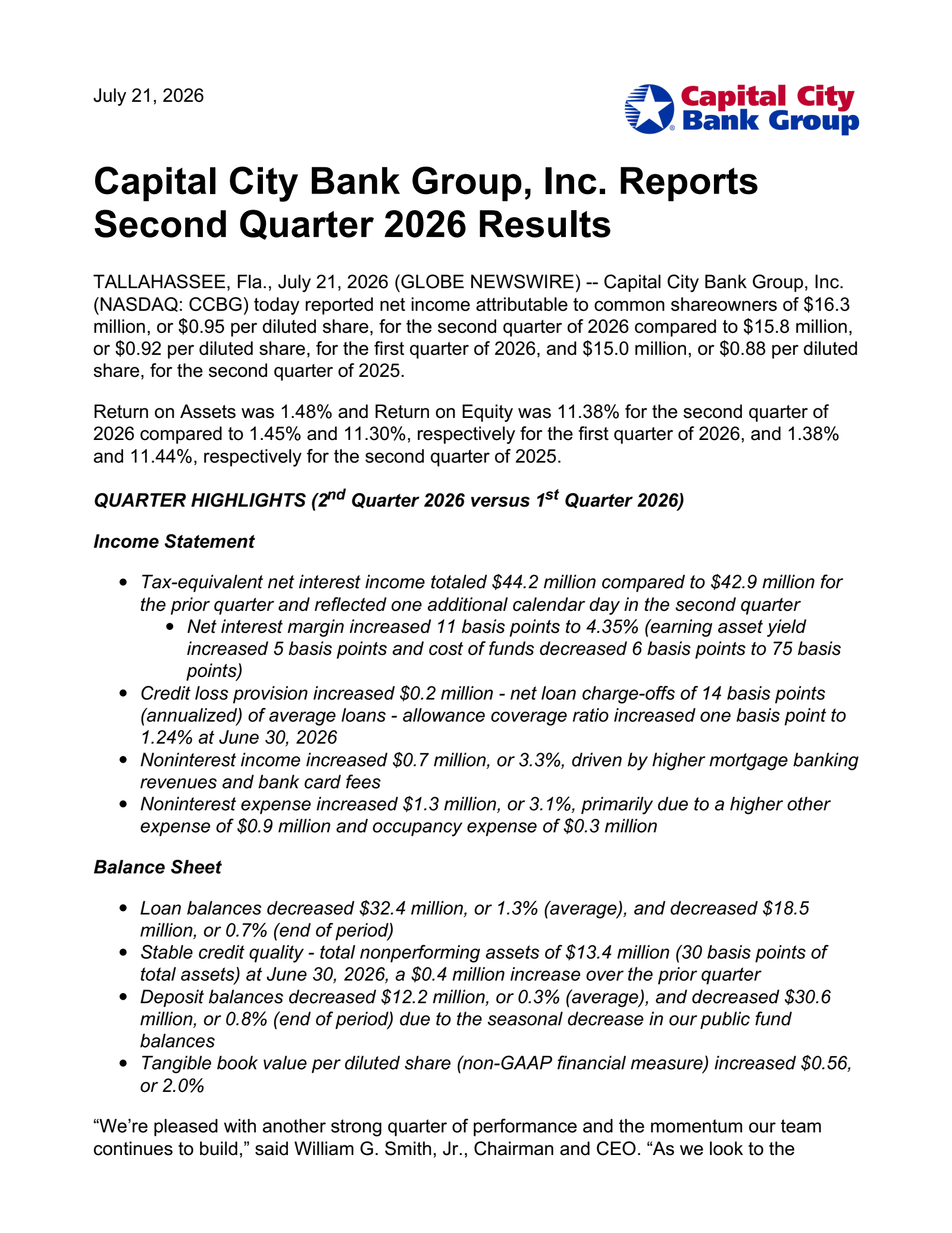 Capital City Bank Group's Q2 2026 Press Release