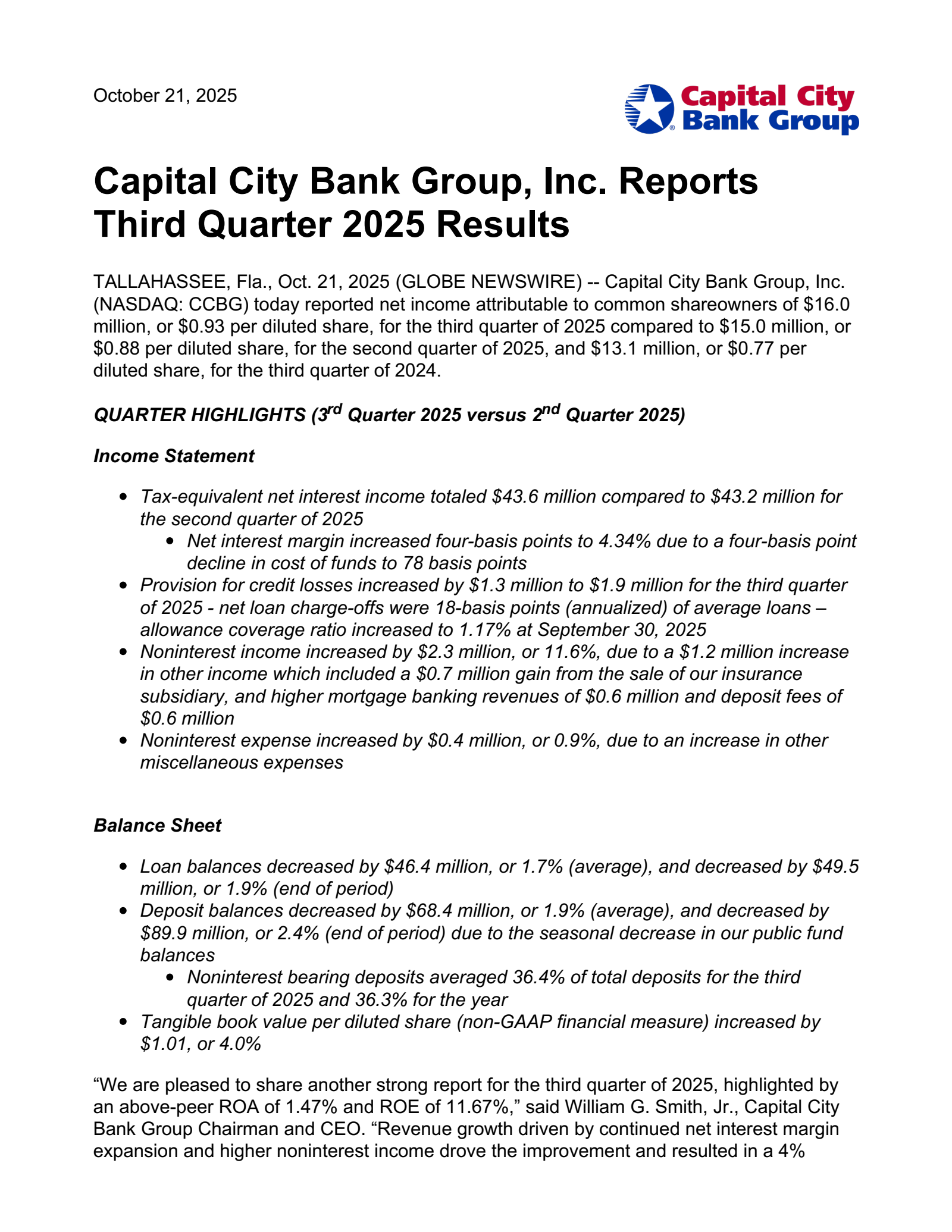Capital City Bank Group's Q3 2025 Earnings Release