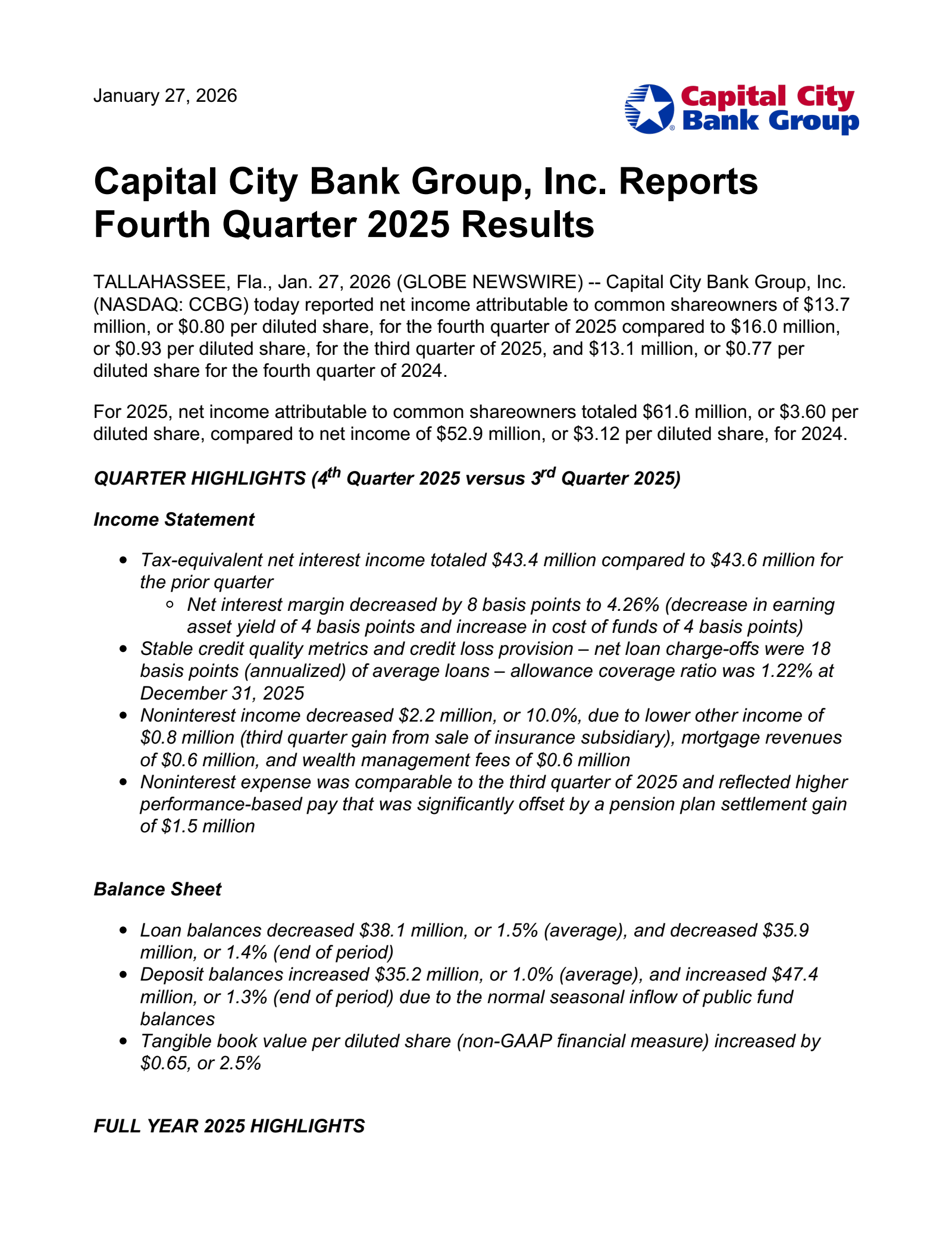 Capital City Bank Group's Q4 2025 Press Release